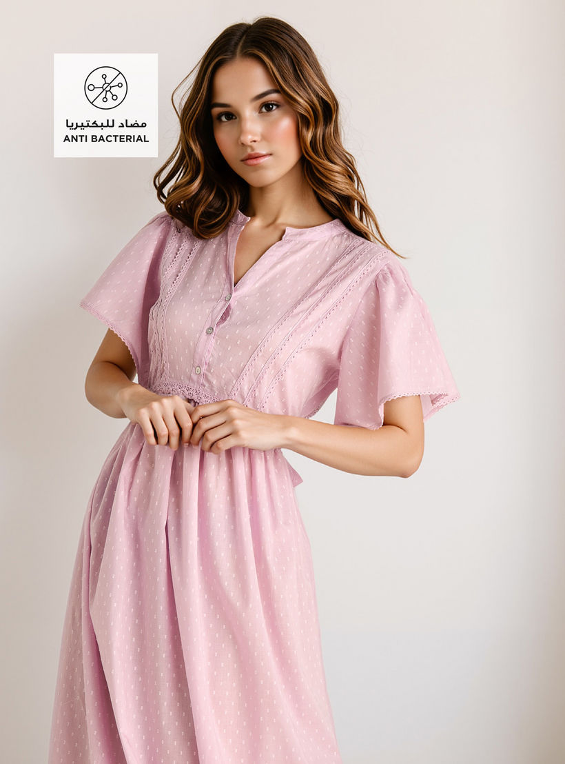 Textured Dobby Viscose Night Gown with Tie-Up Belt and Flutter Sleeves-women-clothing-nightwear-nighties-image-2