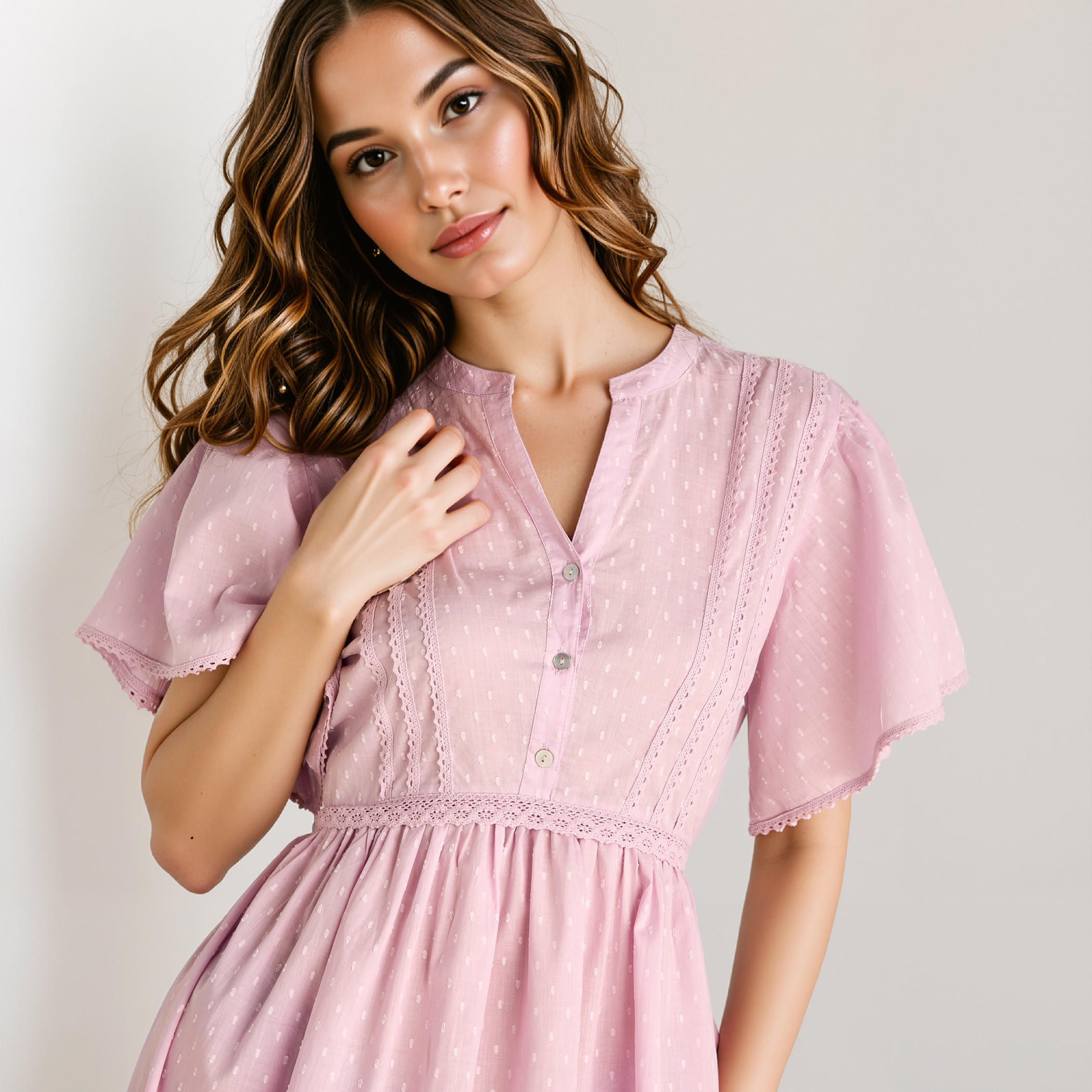 Textured Dobby Viscose Night Gown with Tie-Up Belt and Flutter Sleeves-women-clothing-nightwear-nighties-image-4
