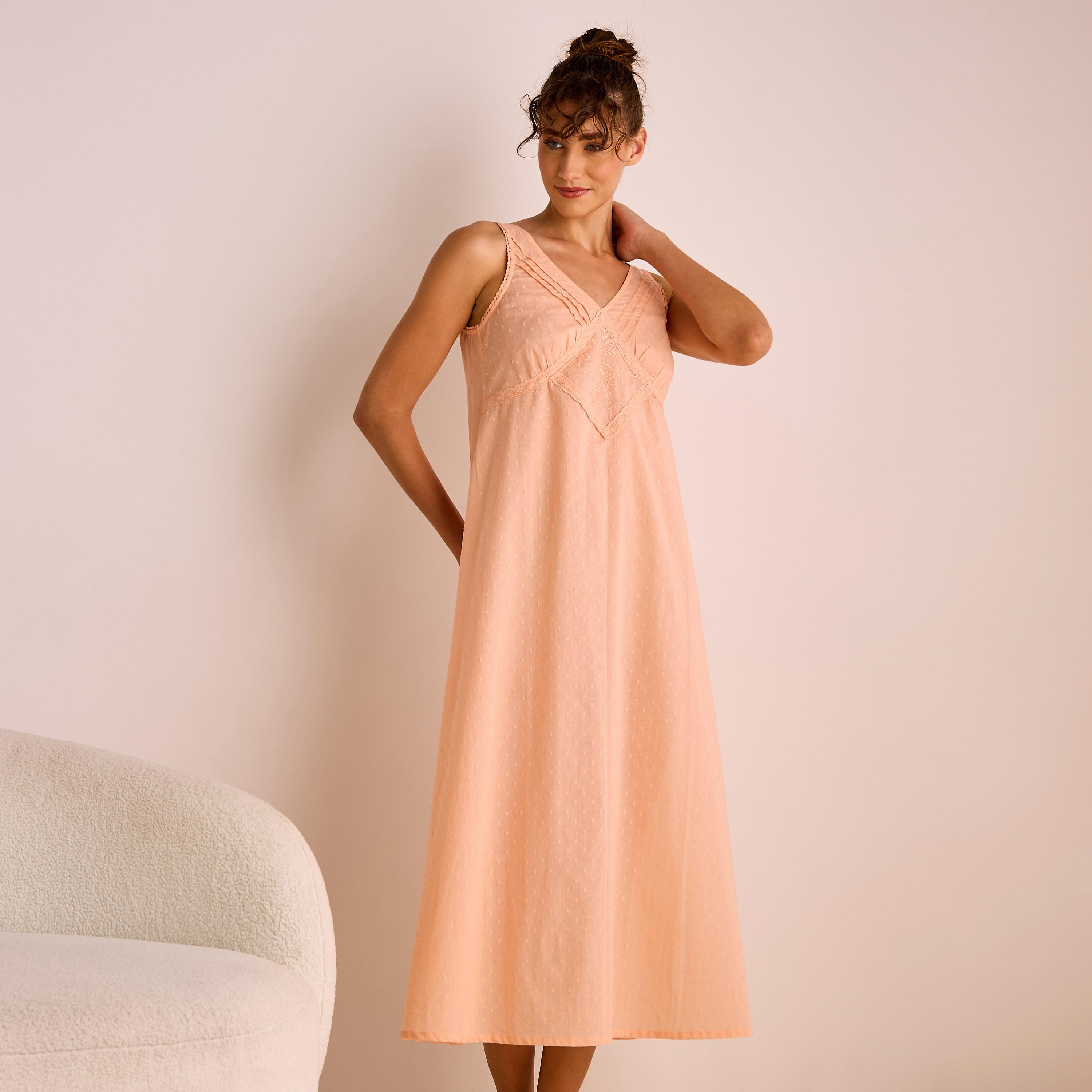 Dobby Embroidered V-neck Sleeveless Viscose Night Dress-women-clothing-nightwear-nighties-image-1