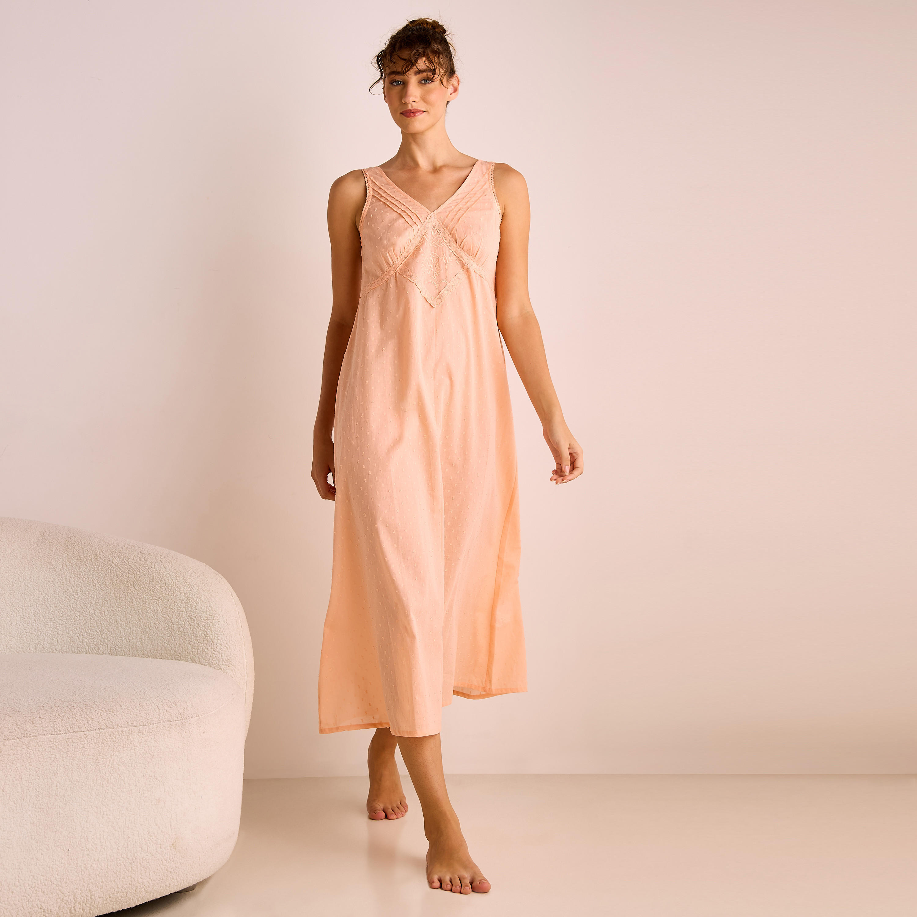 Dobby Embroidered V-neck Sleeveless Viscose Night Dress-women-clothing-nightwear-nighties-image-2