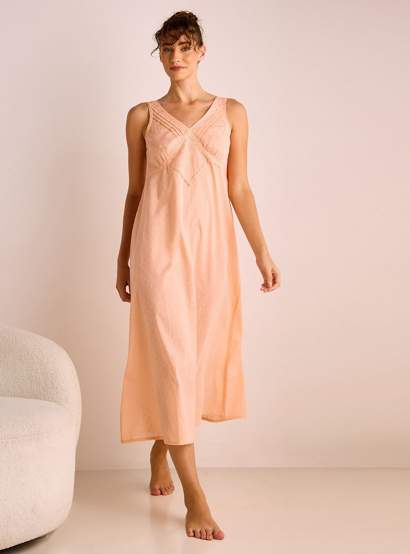 Dobby Embroidered V-neck Sleeveless Viscose Night Dress-women-clothing-nightwear-nighties-image-2