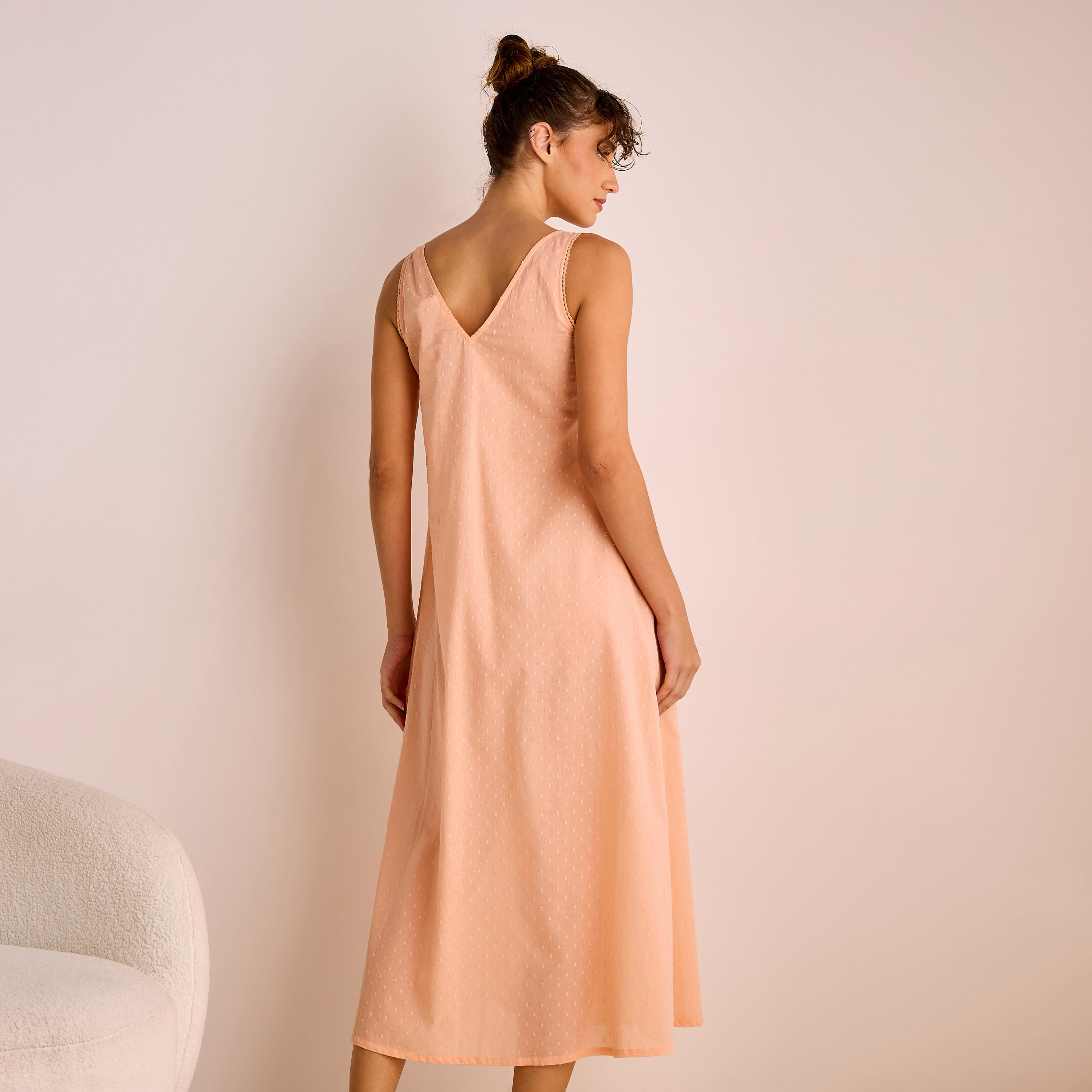 Dobby Embroidered V-neck Sleeveless Viscose Night Dress-women-clothing-nightwear-nighties-image-3