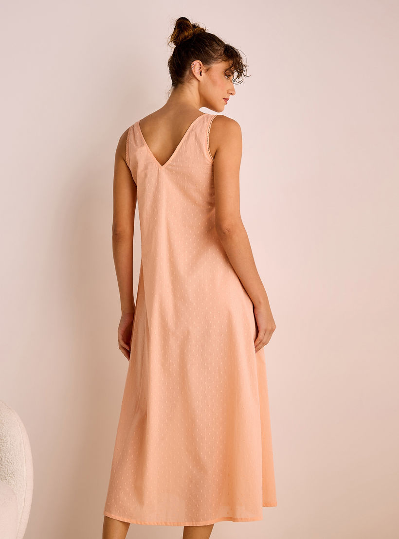 Dobby Embroidered V-neck Sleeveless Viscose Night Dress-women-clothing-nightwear-nighties-image-3