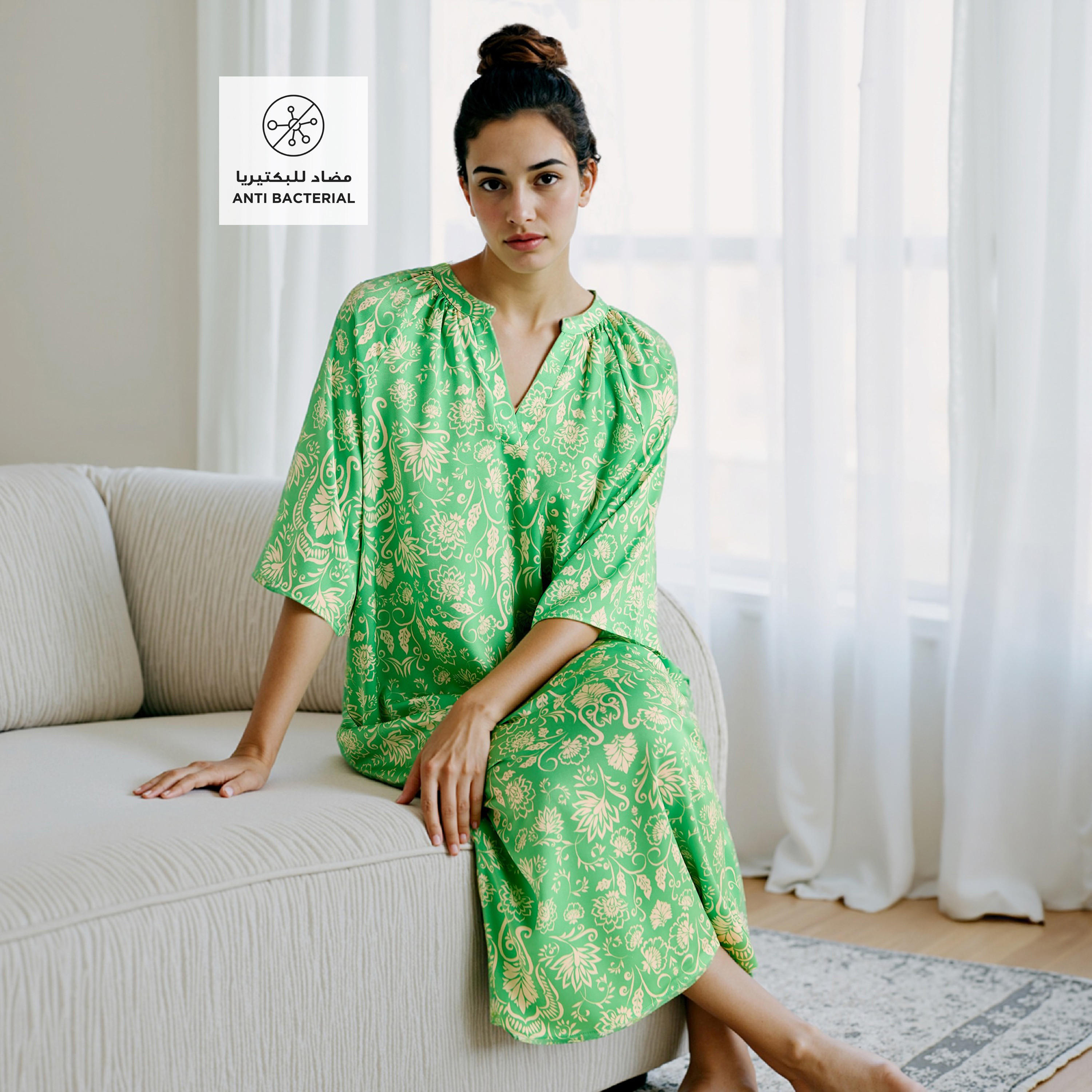 Printed Satin Night Dress with Collar and 3/4 Sleeves-women-clothing-nightwear-nighties-image-2