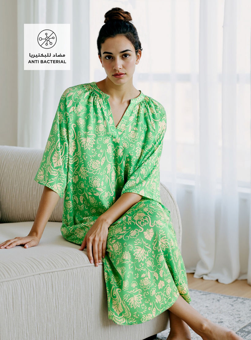 Printed Satin Night Dress with Collar and 3/4 Sleeves-women-clothing-nightwear-nighties-image-2