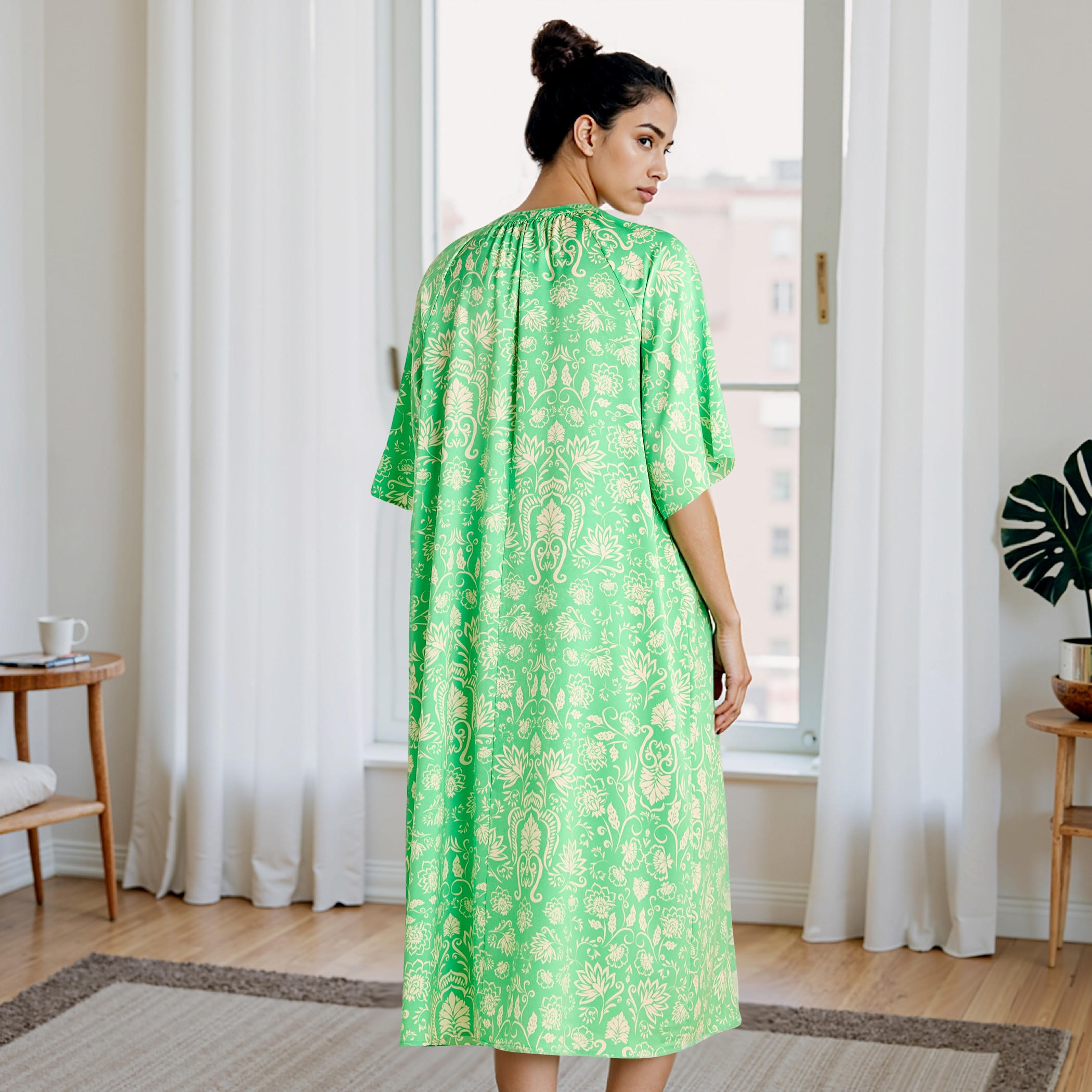 Printed Satin Night Dress with Collar and 3/4 Sleeves-women-clothing-nightwear-nighties-image-3