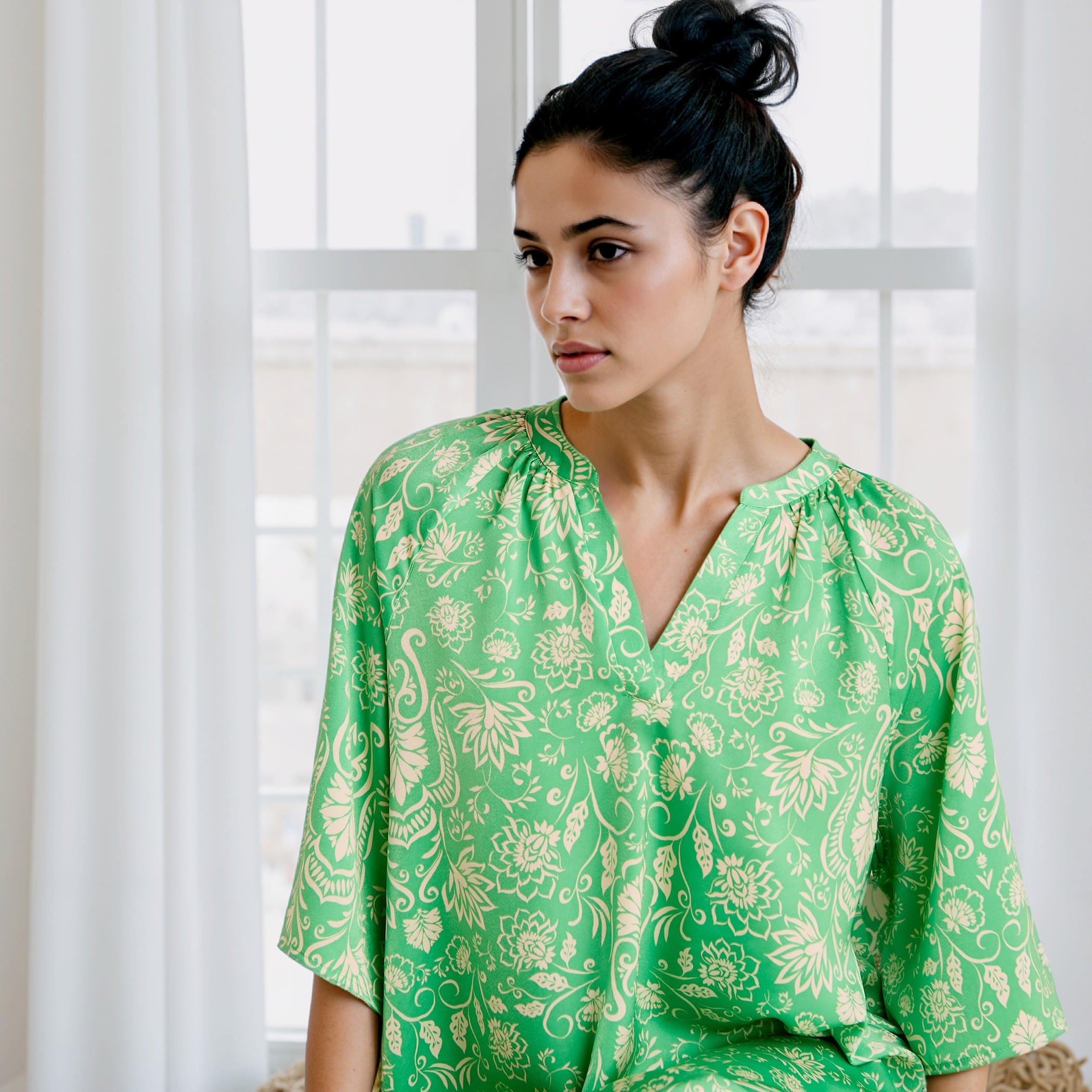 Printed Satin Night Dress with Collar and 3/4 Sleeves-women-clothing-nightwear-nighties-image-4
