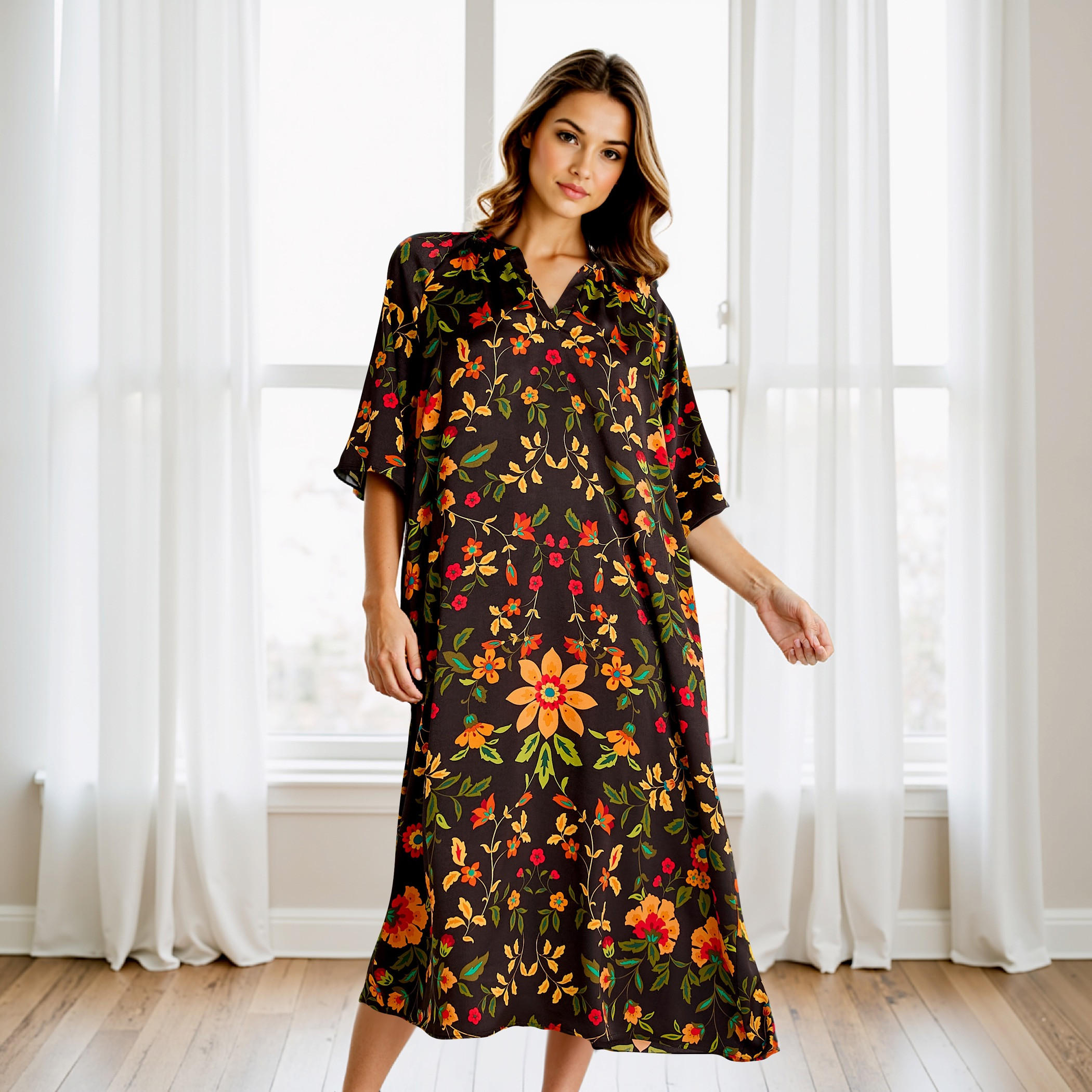 Printed Satin Night Dress with Collar and 3/4 Sleeves-women-clothing-nightwear-nighties-image-1