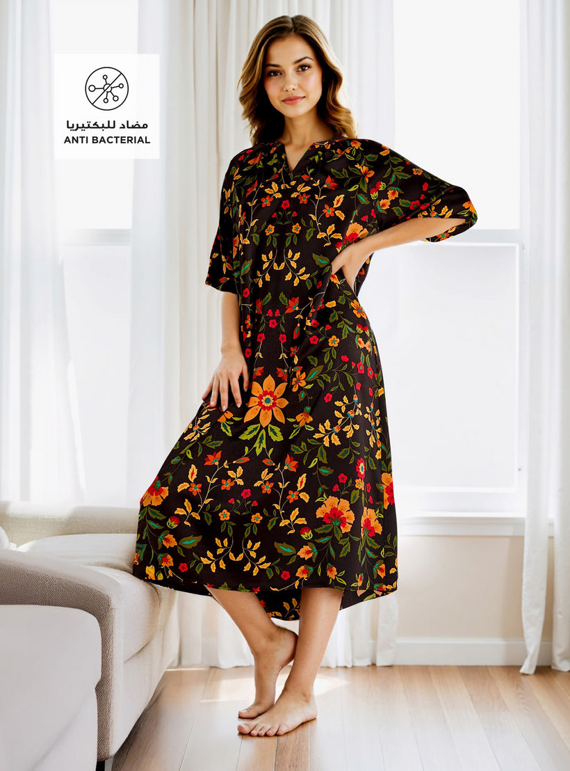 Printed Satin Night Dress with Collar and 3/4 Sleeves-women-clothing-nightwear-nighties-image-2
