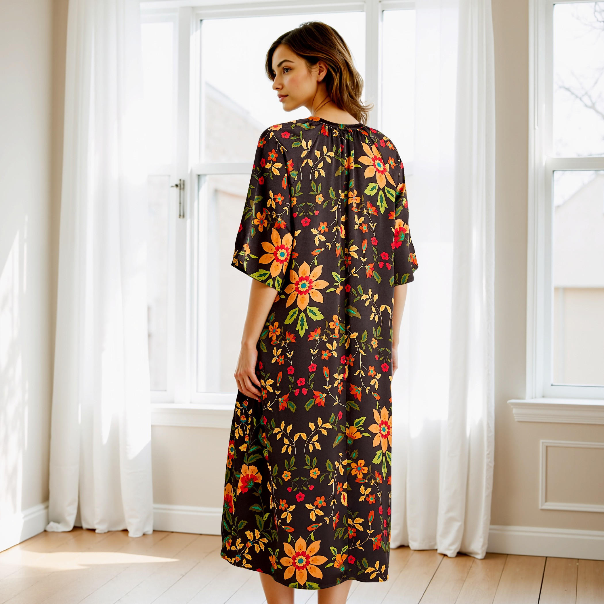 Printed Satin Night Dress with Collar and 3/4 Sleeves-women-clothing-nightwear-nighties-image-3
