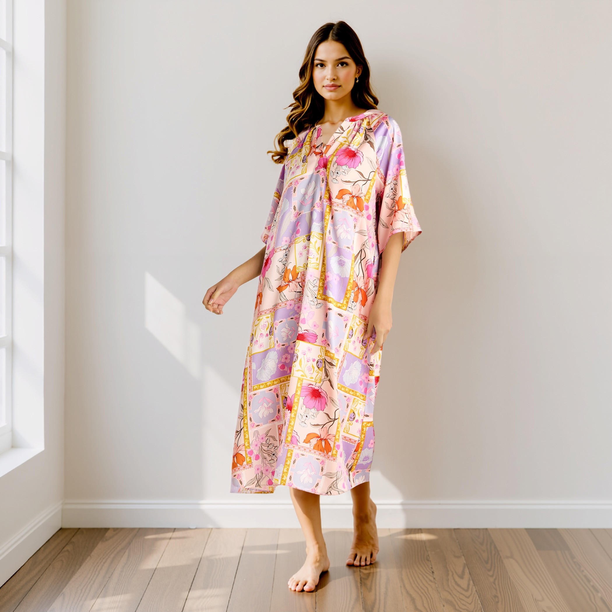 Printed Satin Night Dress with Collar and 3/4 Sleeves-women-clothing-nightwear-nighties-image-1