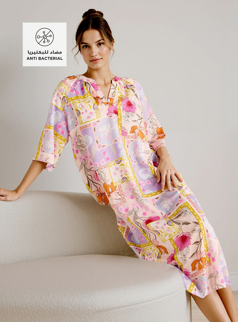 Printed Satin Night Dress with Collar and 3/4 Sleeves-women-clothing-nightwear-nighties-image-2