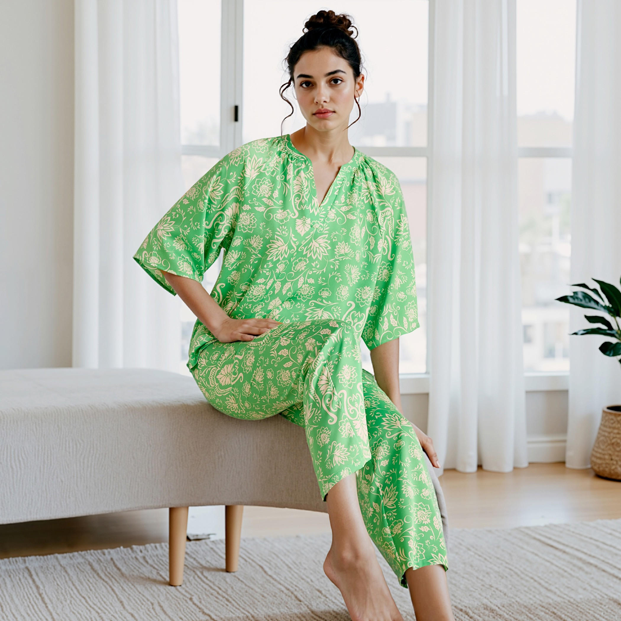 طقم بيجاما بلوزة وبنطلون ساتان بطبعات زهرية-women-clothing-nightwear-pyjamas-longsets-image-7
