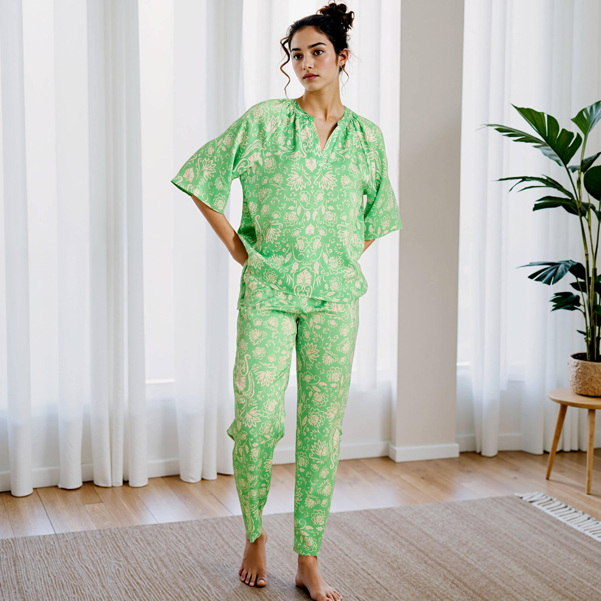طقم بيجاما بلوزة وبنطلون ساتان بطبعات زهرية-women-clothing-nightwear-pyjamas-longsets-image-1