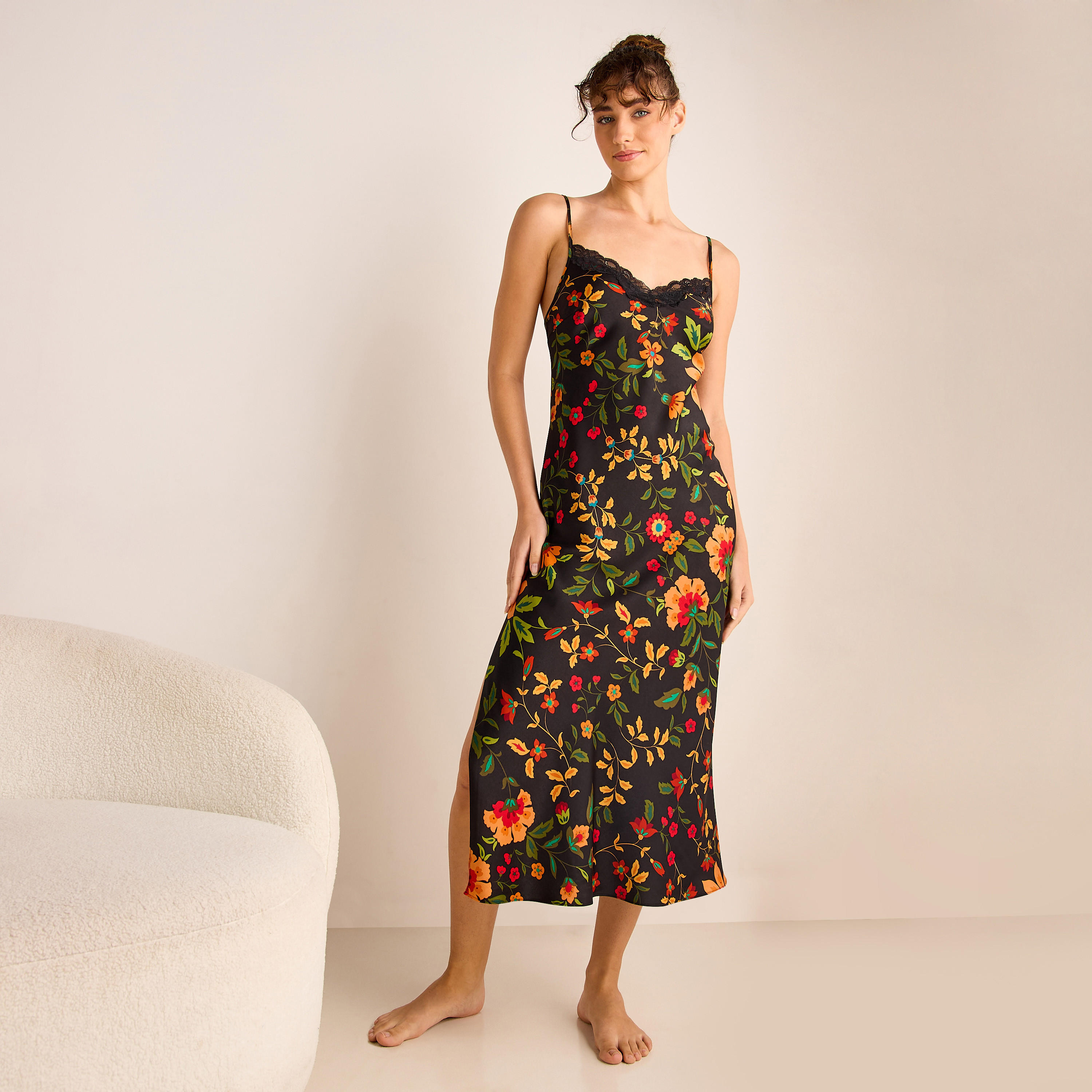 Floral Print Satin Slip Dress with Adjustable Straps-women-clothing-nightwear-nighties-image-1