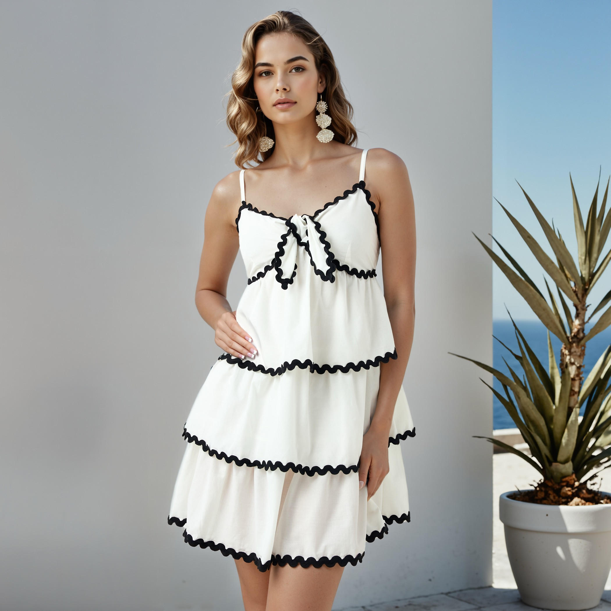 Tiered Dress with Contrast Trim and Spaghetti Straps-women-clothing-swimandbeach-beachwear-image-1