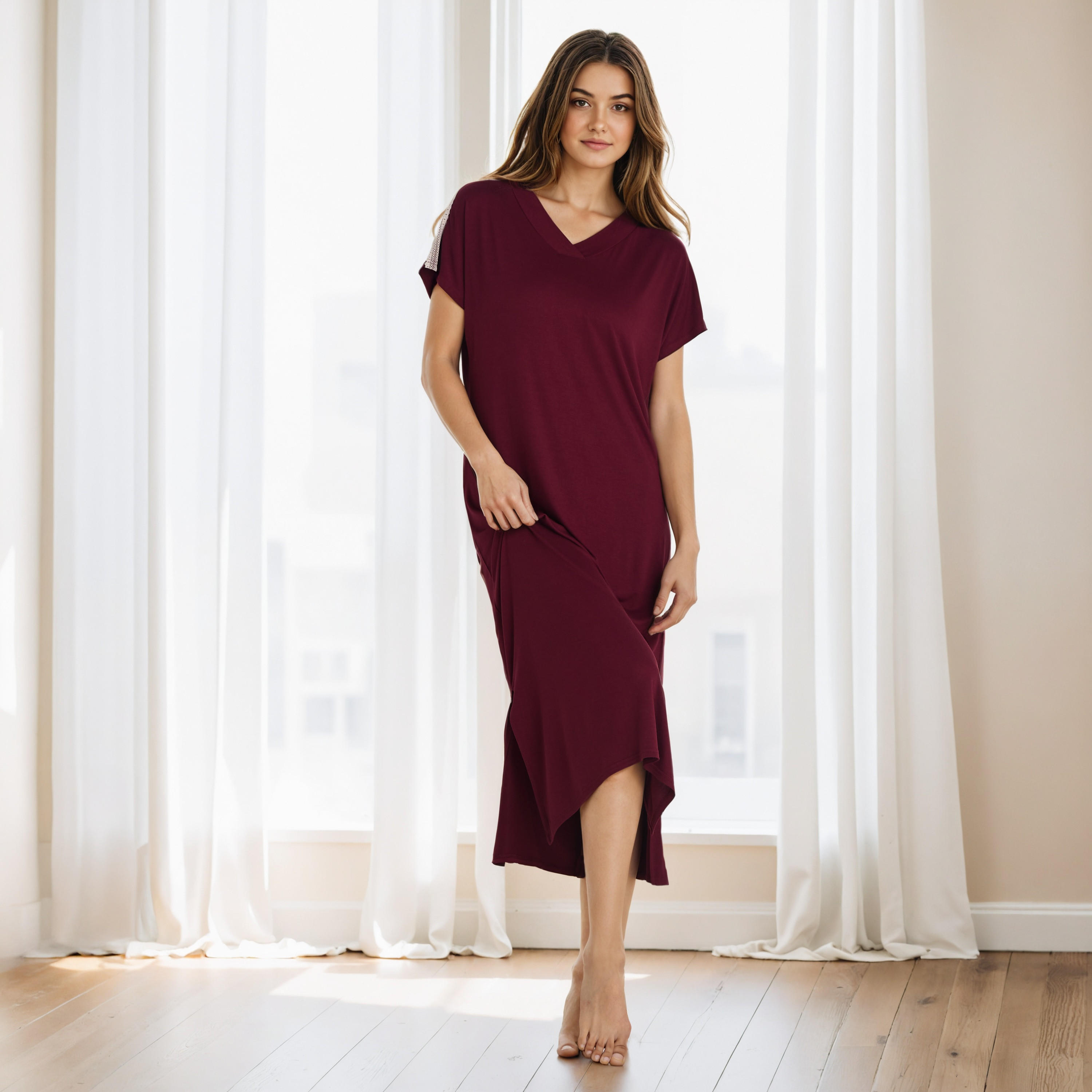 Lace Inserts Night Dress with Slits-women-clothing-nightwear-nighties-image-1