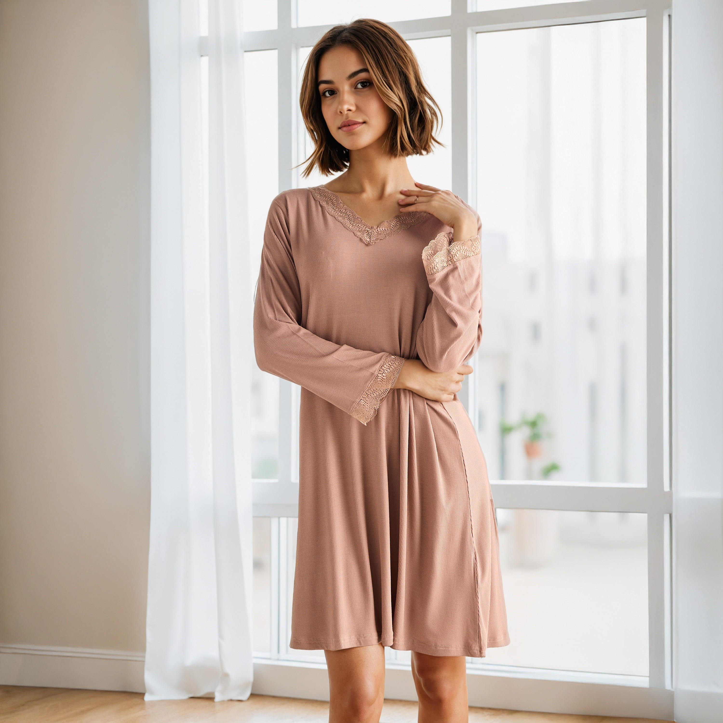 Ribbed V-neck Night Dress-women-clothing-nightwear-nighties-image-2