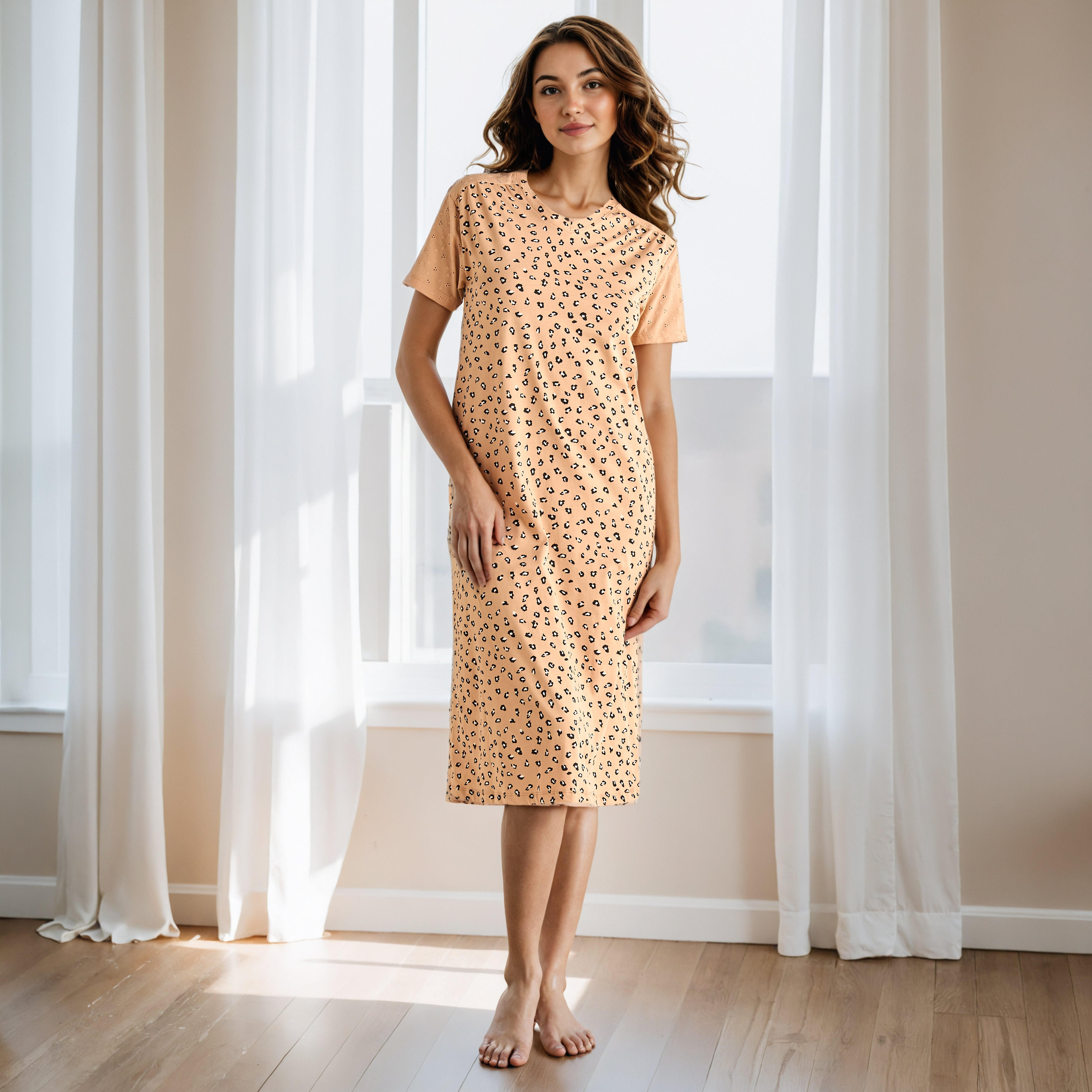 Schiffli Embroidered V-neck Cotton Night Dress-women-clothing-nightwear-nighties-image-1