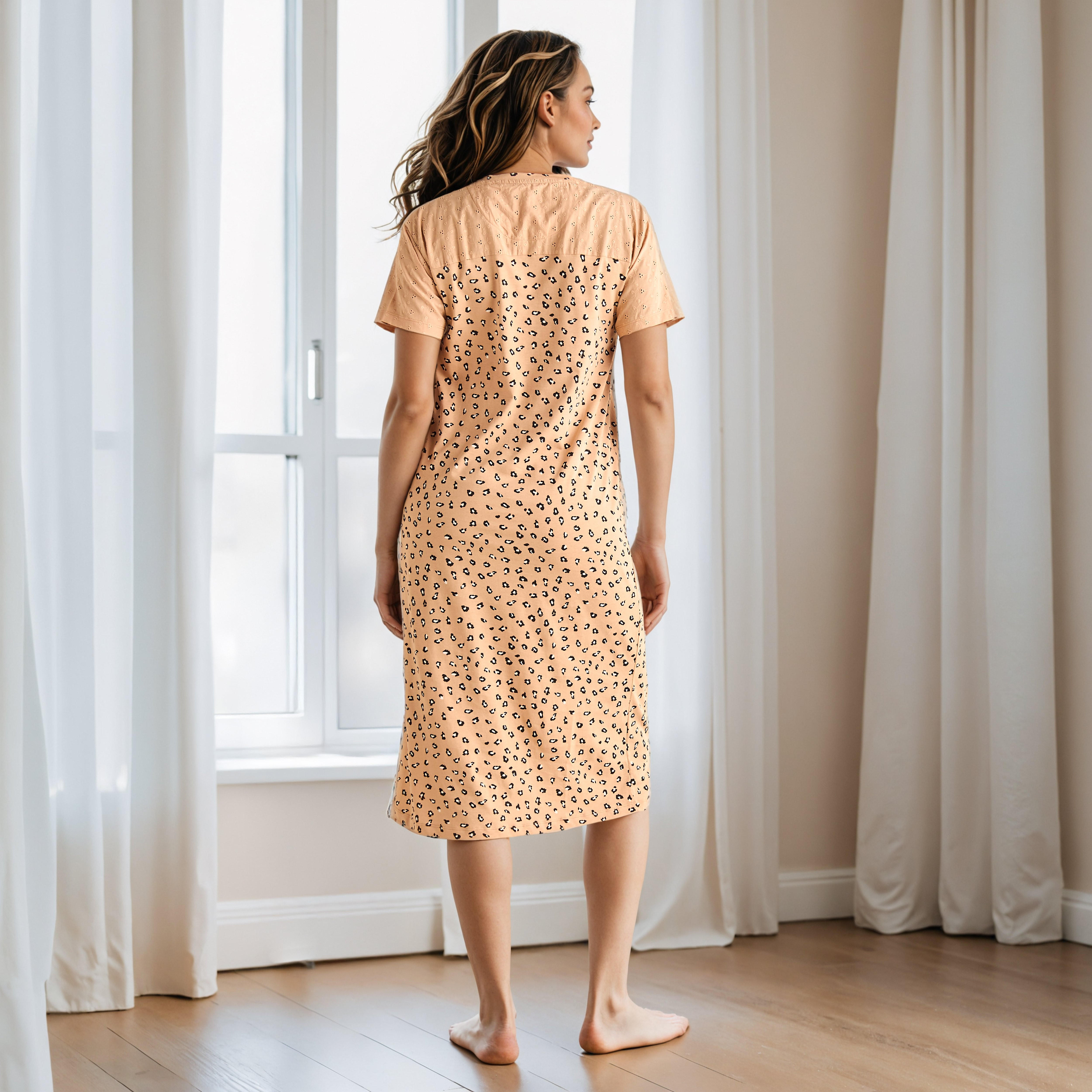 Schiffli Embroidered V-neck Cotton Night Dress-women-clothing-nightwear-nighties-image-3