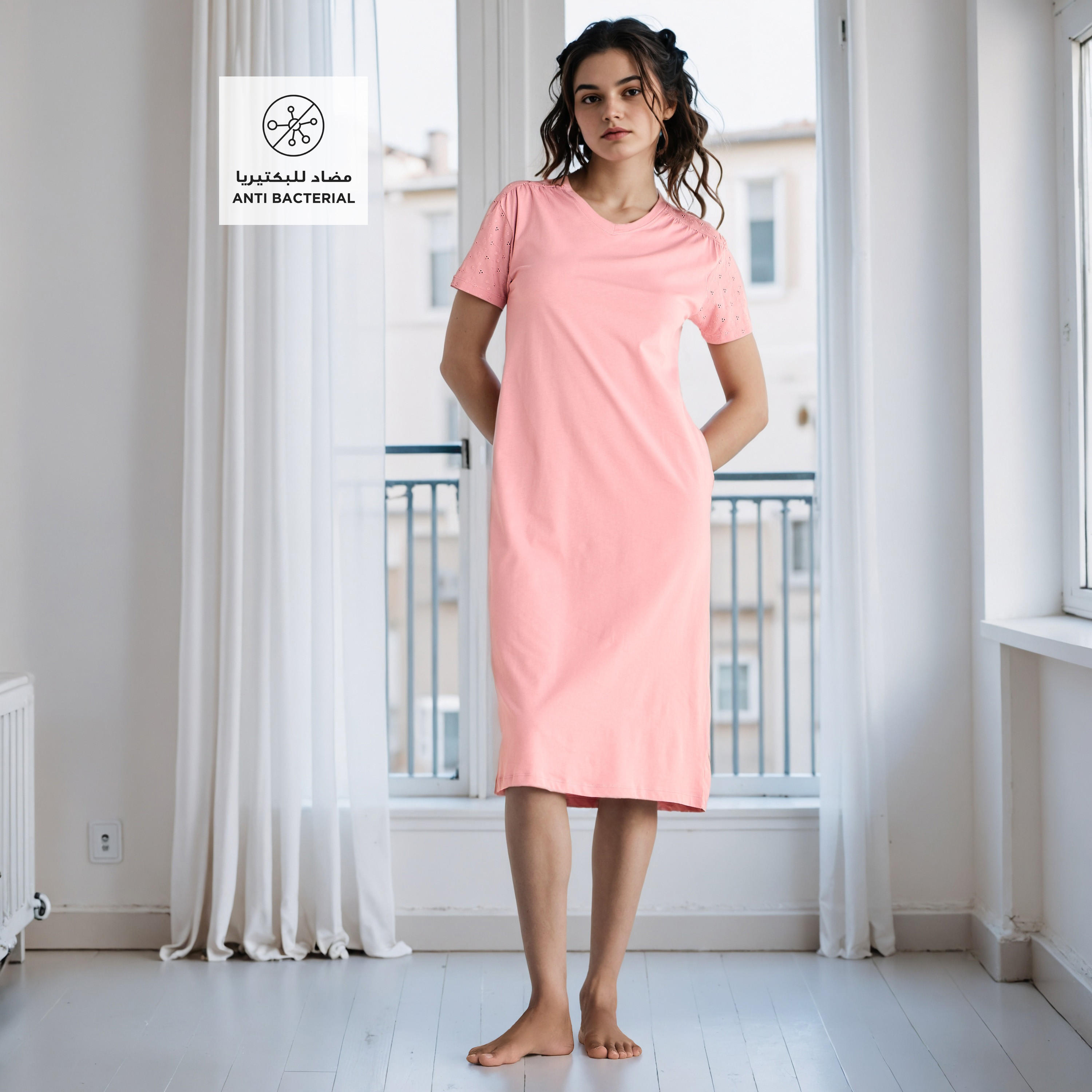 Schiffli Embroidered V-neck Cotton Night Dress-women-clothing-nightwear-nighties-image-2