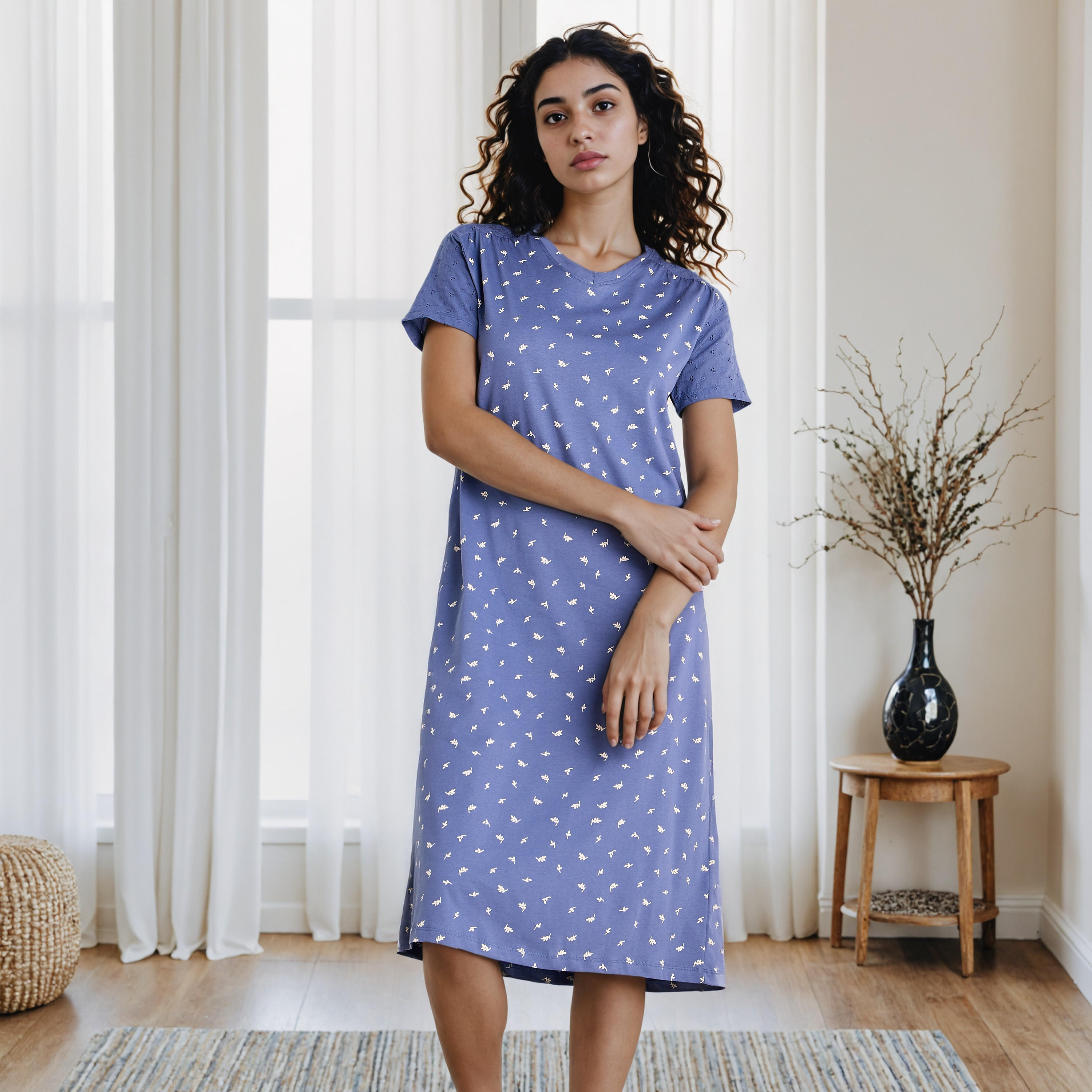 Schiffli Embroidered V-neck Cotton Night Dress-women-clothing-nightwear-nighties-image-1