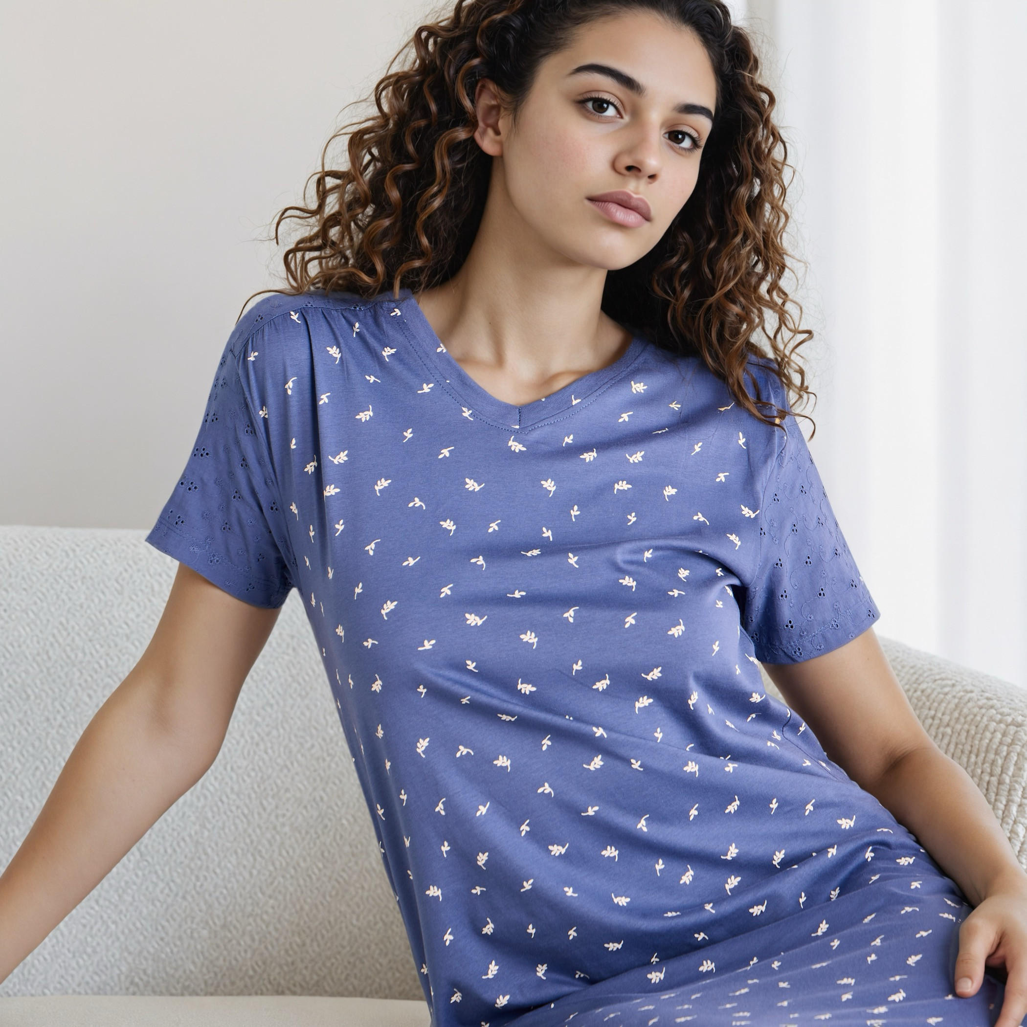 Schiffli Embroidered V-neck Cotton Night Dress-women-clothing-nightwear-nighties-image-4