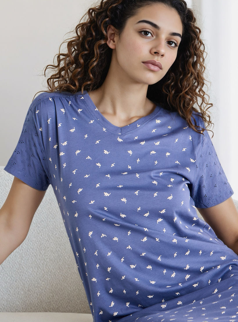 Schiffli Embroidered V-neck Cotton Night Dress-women-clothing-nightwear-nighties-image-4