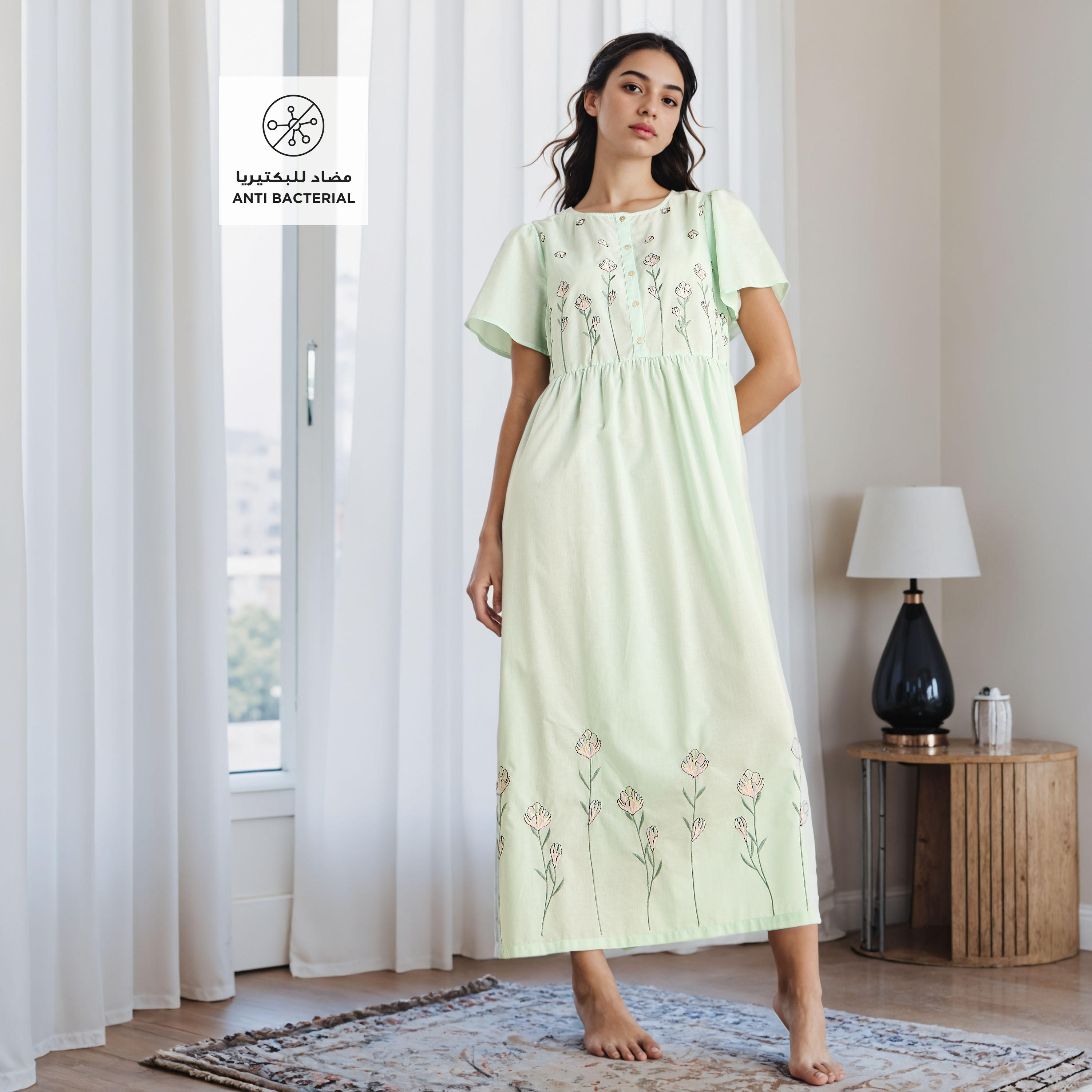 Embroidered Cotton Night Gown with Flutter Sleeves-women-clothing-nightwear-nighties-image-2