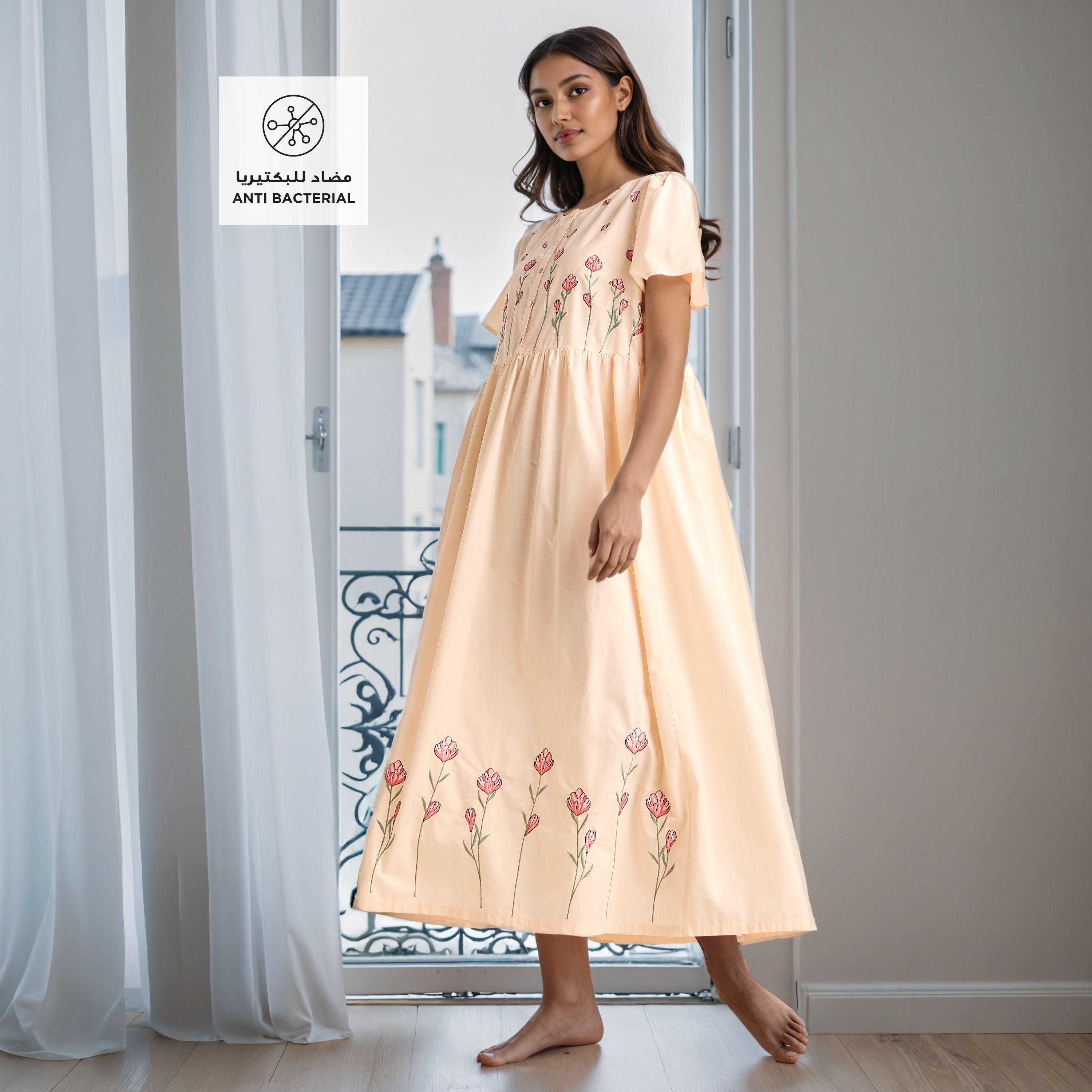 Embroidered Cotton Night Gown with Flutter Sleeves-women-clothing-nightwear-nighties-image-2