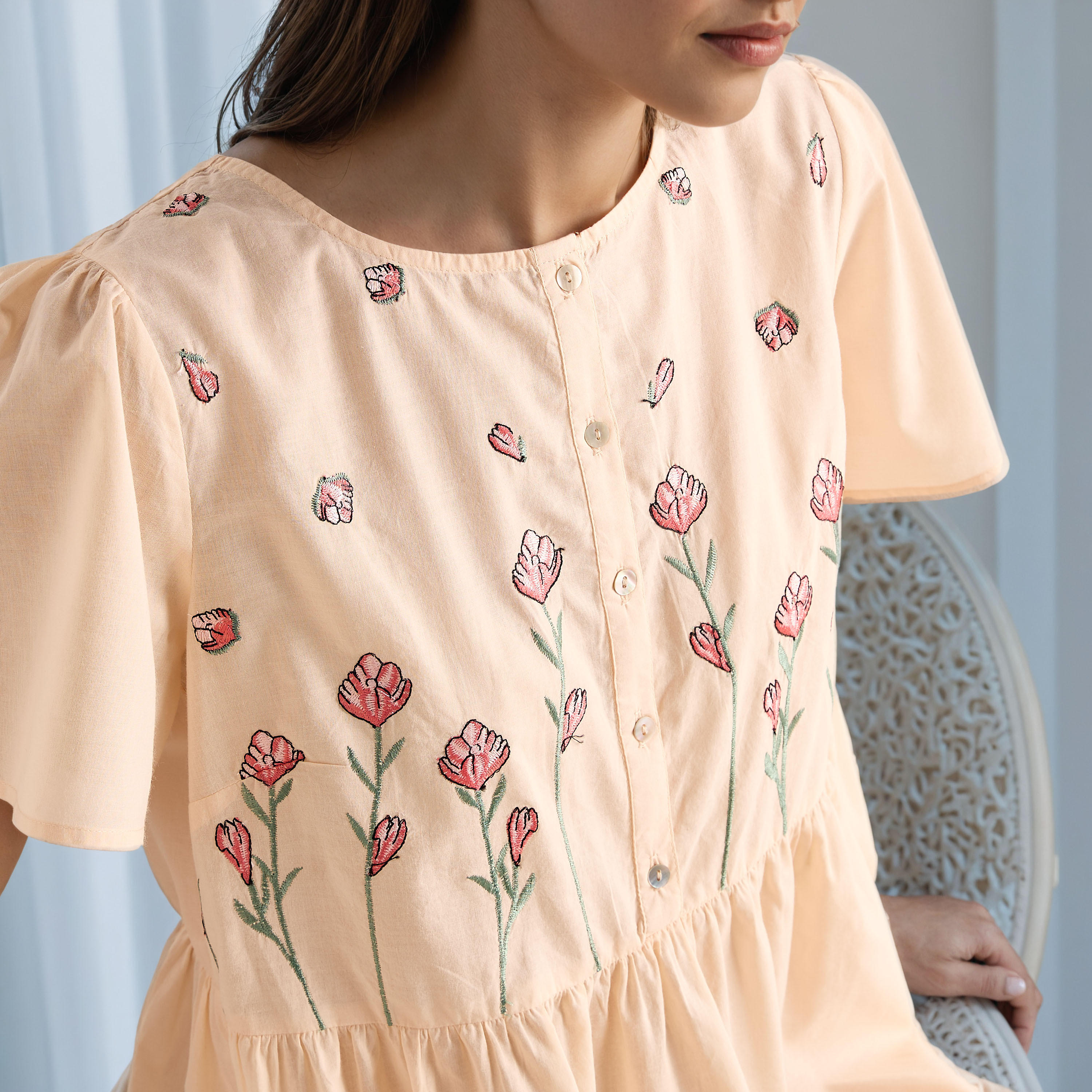 Embroidered Cotton Night Gown with Flutter Sleeves-women-clothing-nightwear-nighties-image-4