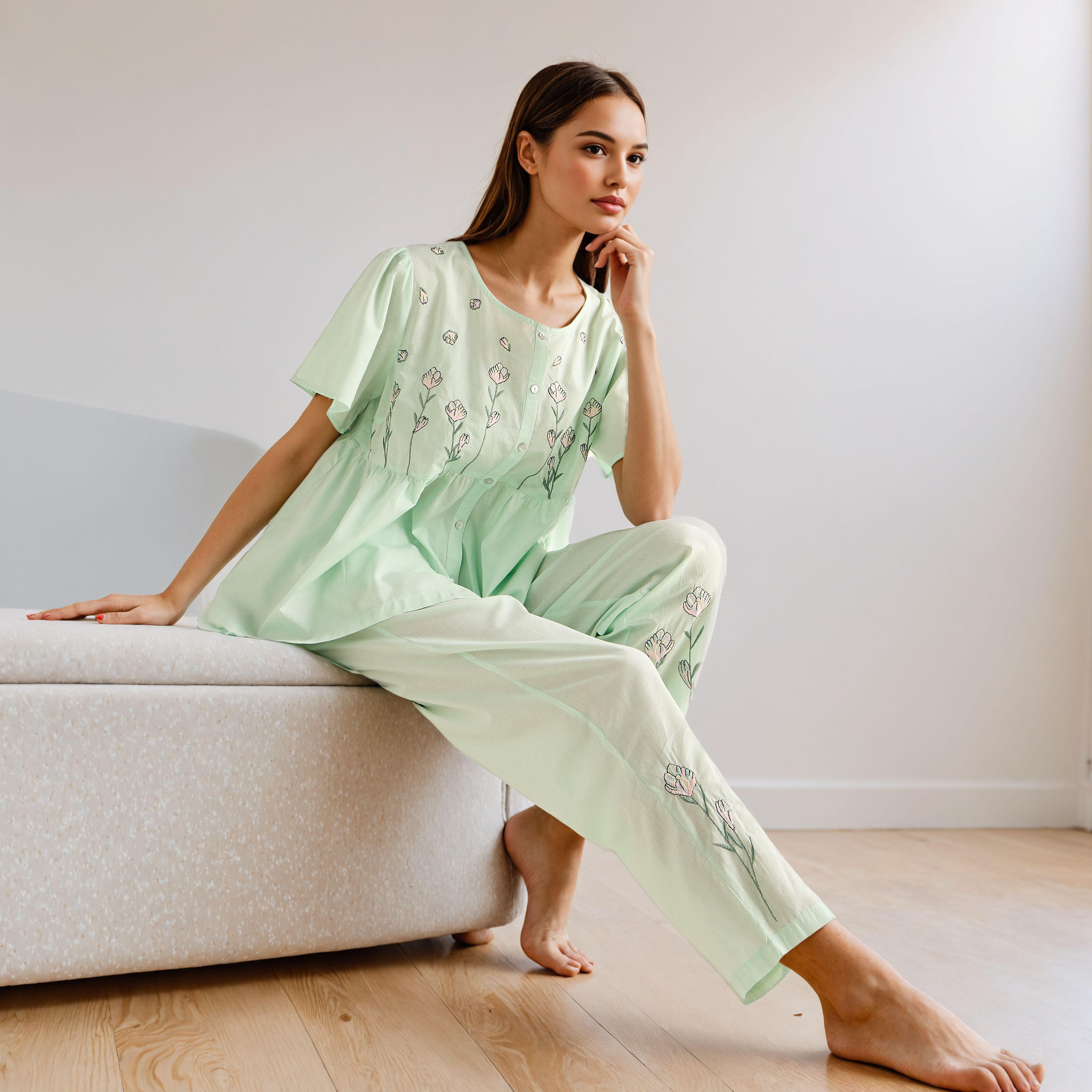 طقم بيجاما مطرز-women-clothing-nightwear-pyjamas-longsets-image-1