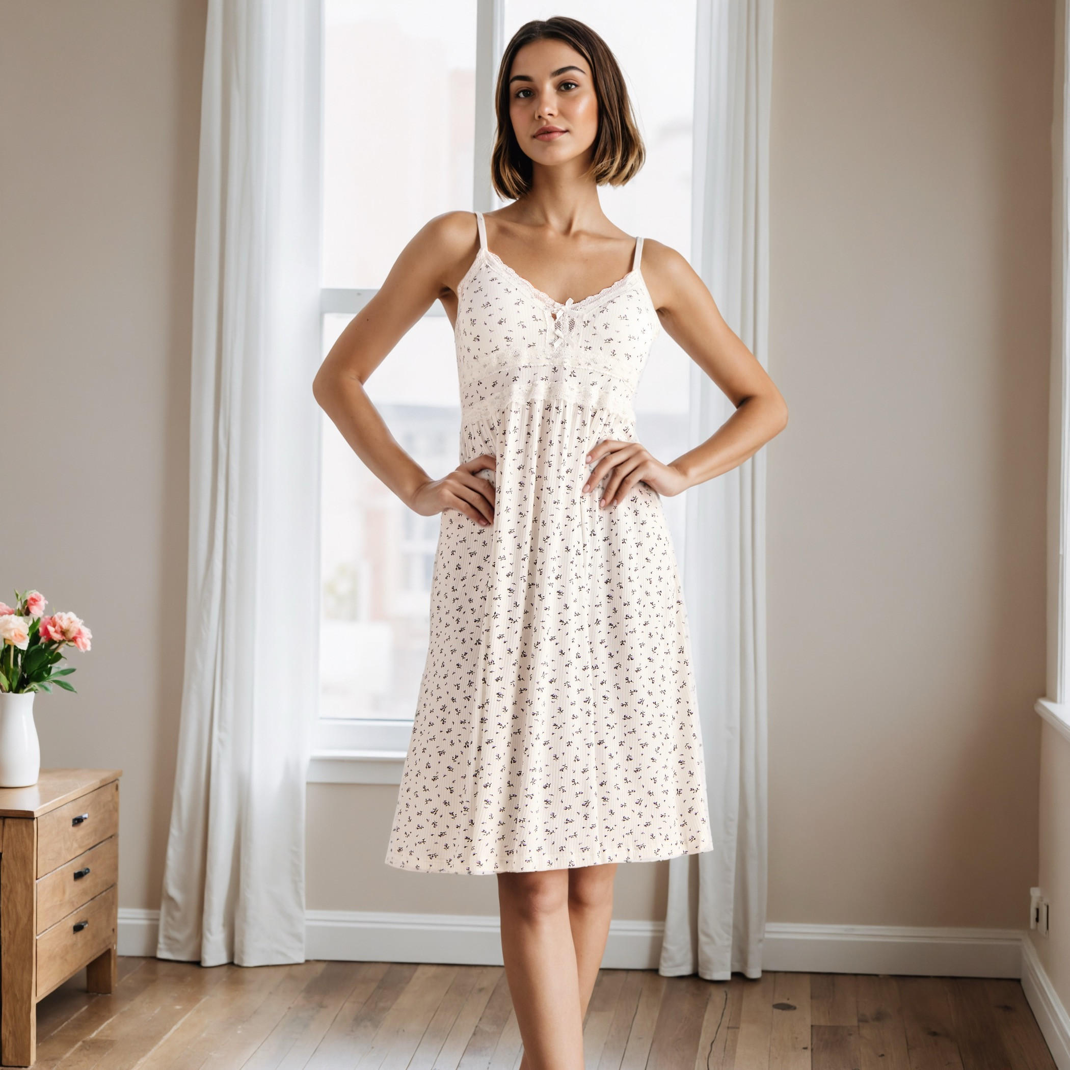 فستان نوم قطن بتفاصيل دانتيل وطبعات-women-clothing-nightwear-nighties-image-1