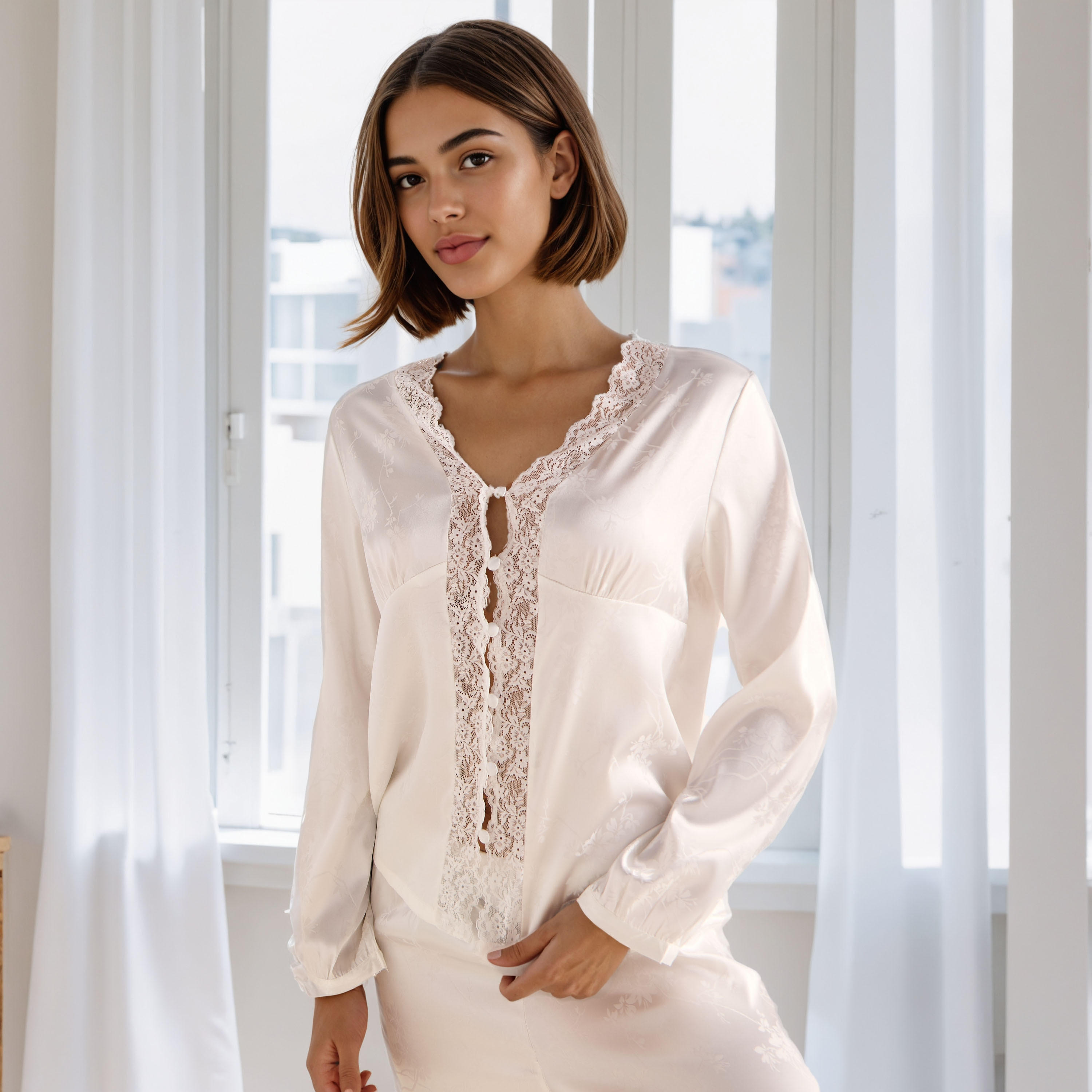 Lace Trim Jacquard Viscose Pyjama Set-women-clothing-nightwear-pyjamas-longsets-image-2