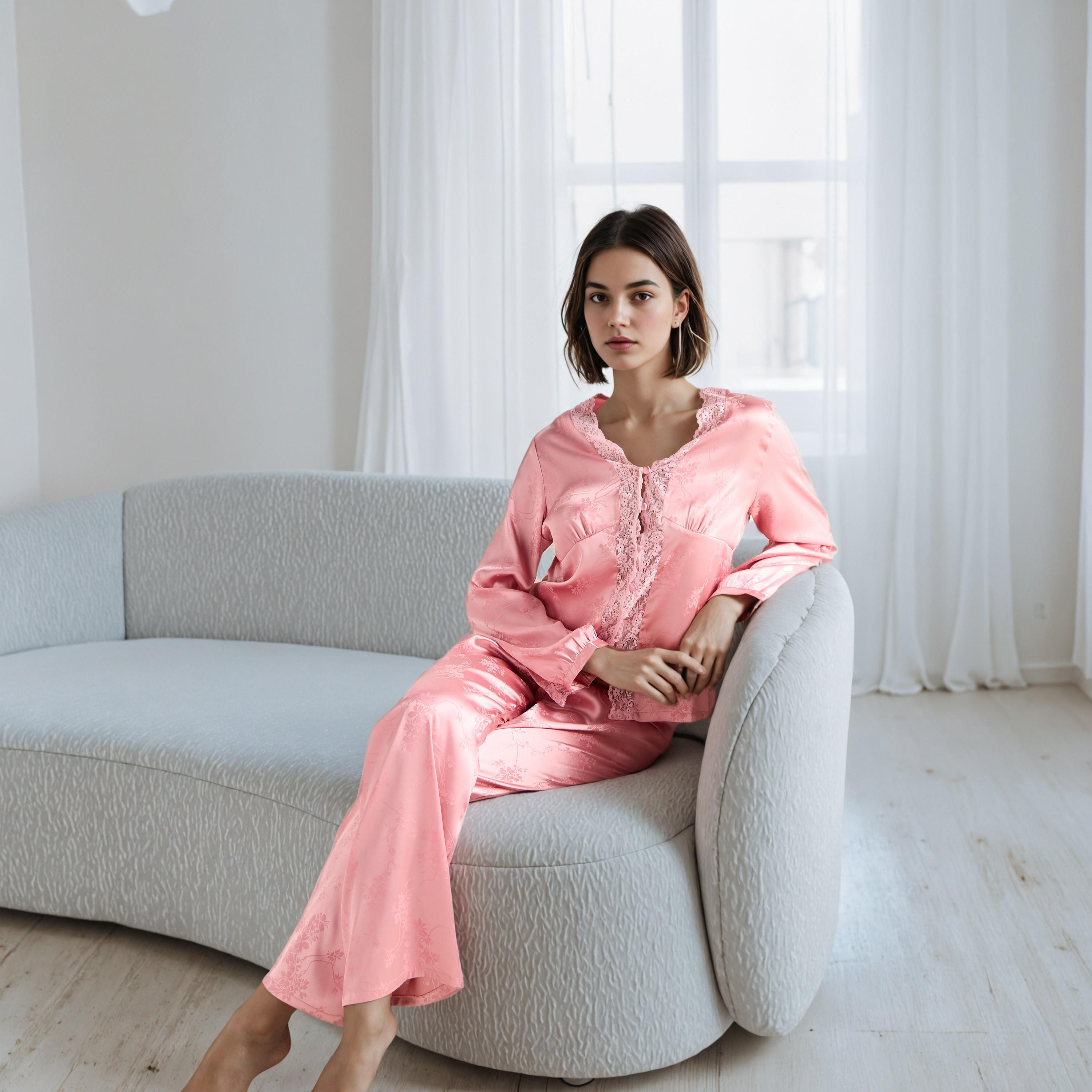 طقم بيجاما فيسكوز جاكار بحواف دانتيل-women-clothing-nightwear-pyjamas-longsets-image-1