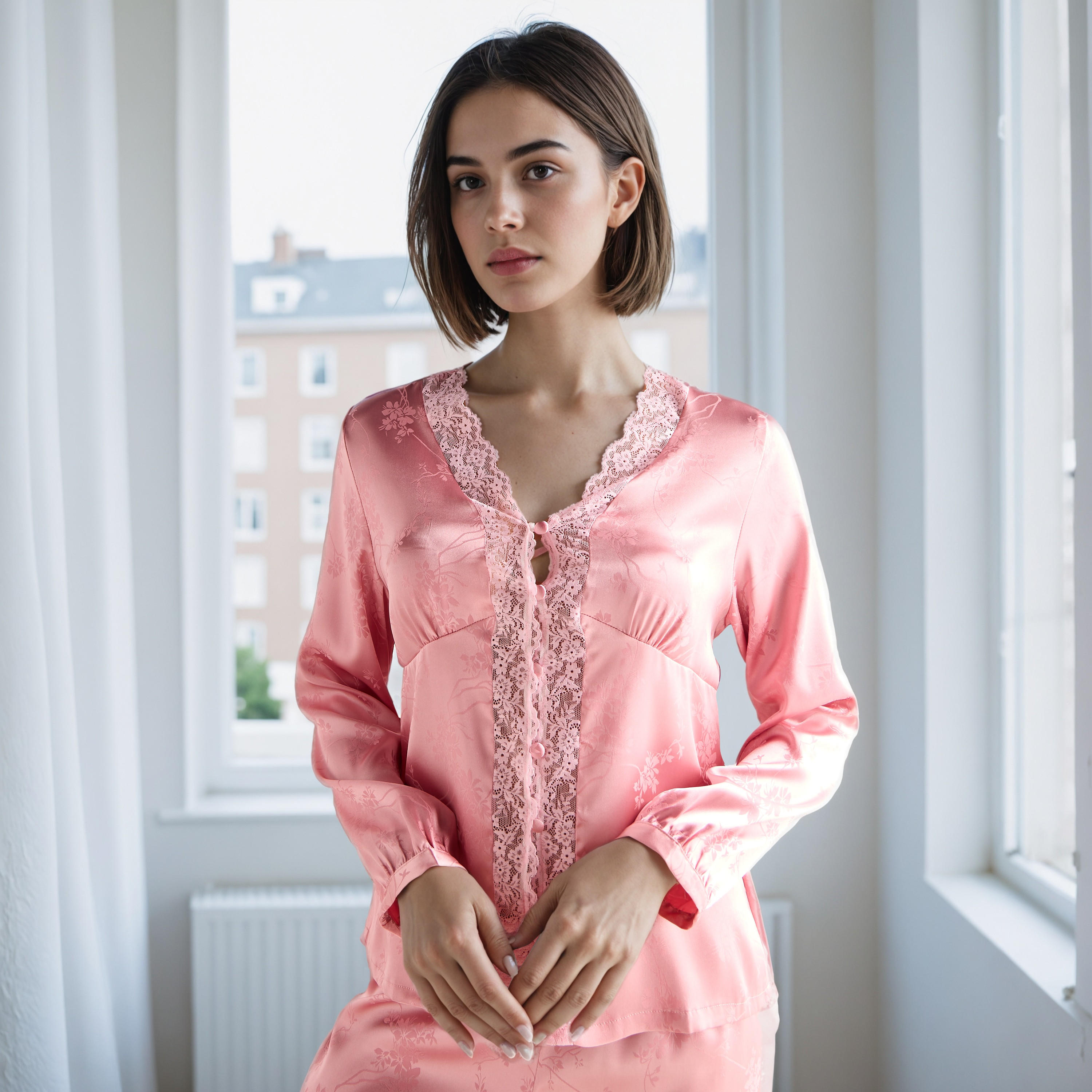 Lace Trim Jacquard Viscose Pyjama Set-women-clothing-nightwear-pyjamas-longsets-image-2