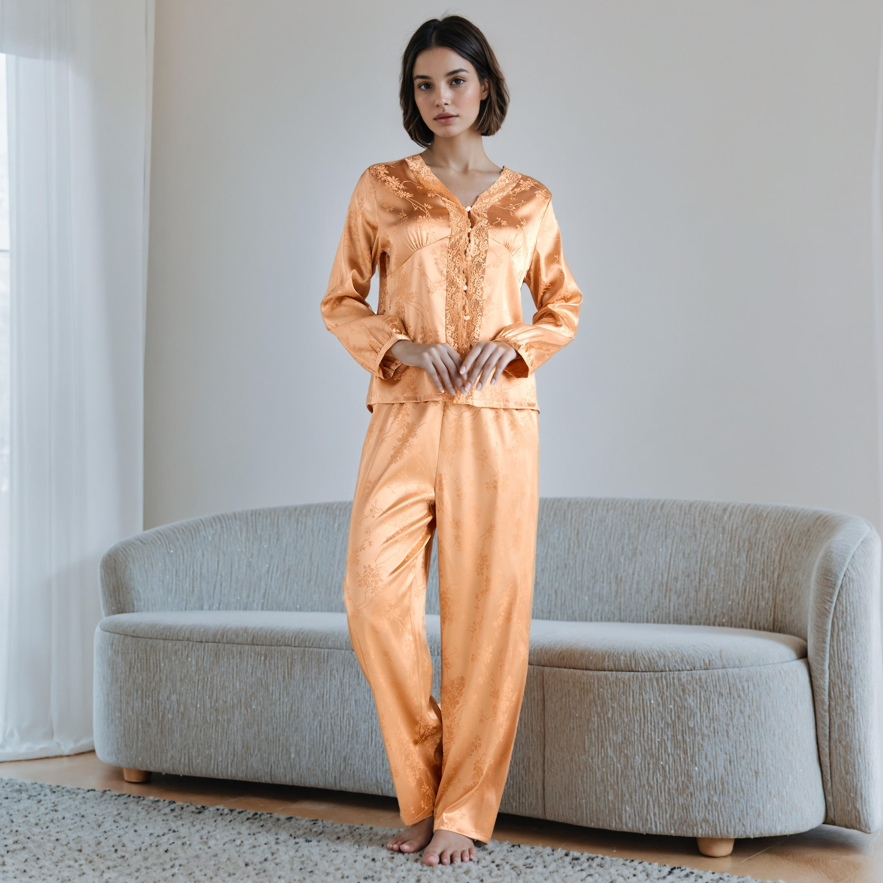 طقم بيجاما فيسكوز جاكار بحواف دانتيل-women-clothing-nightwear-pyjamas-longsets-image-1