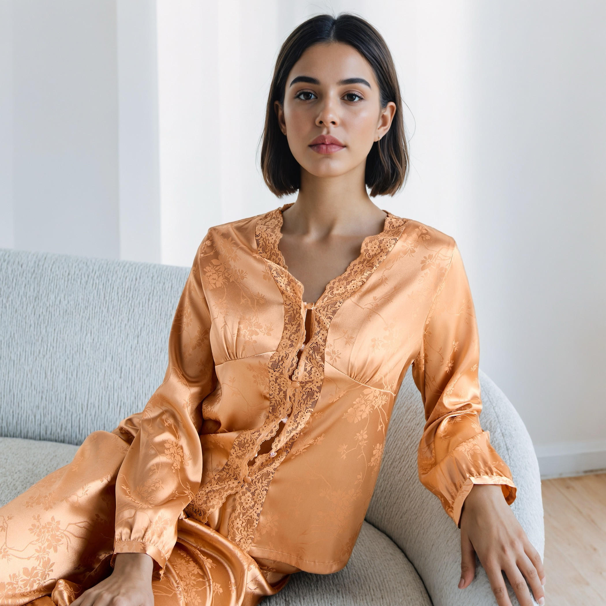 طقم بيجاما فيسكوز جاكار بحواف دانتيل-women-clothing-nightwear-pyjamas-longsets-image-2
