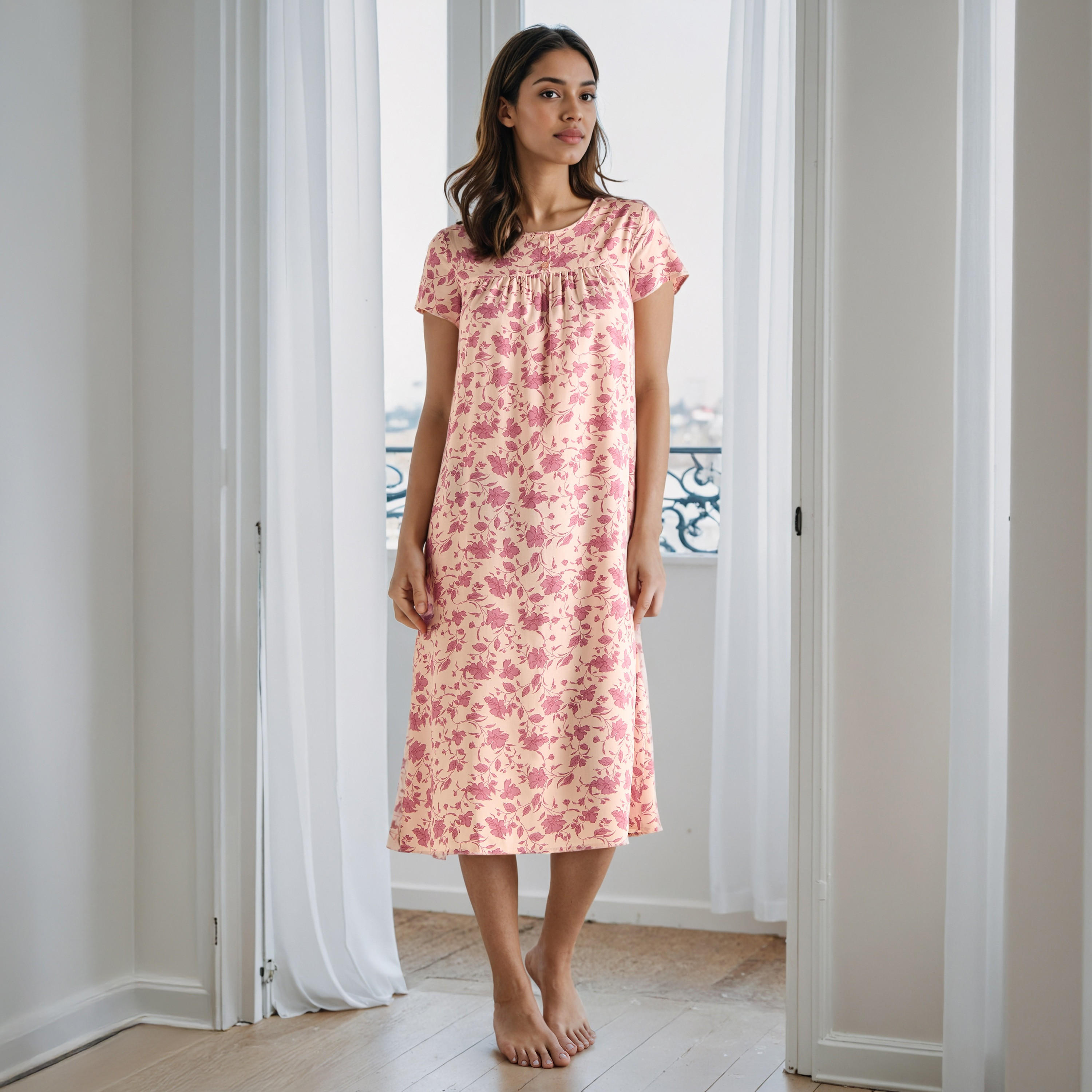 Floral Print Viscose Night Dress-women-clothing-nightwear-nighties-image-1
