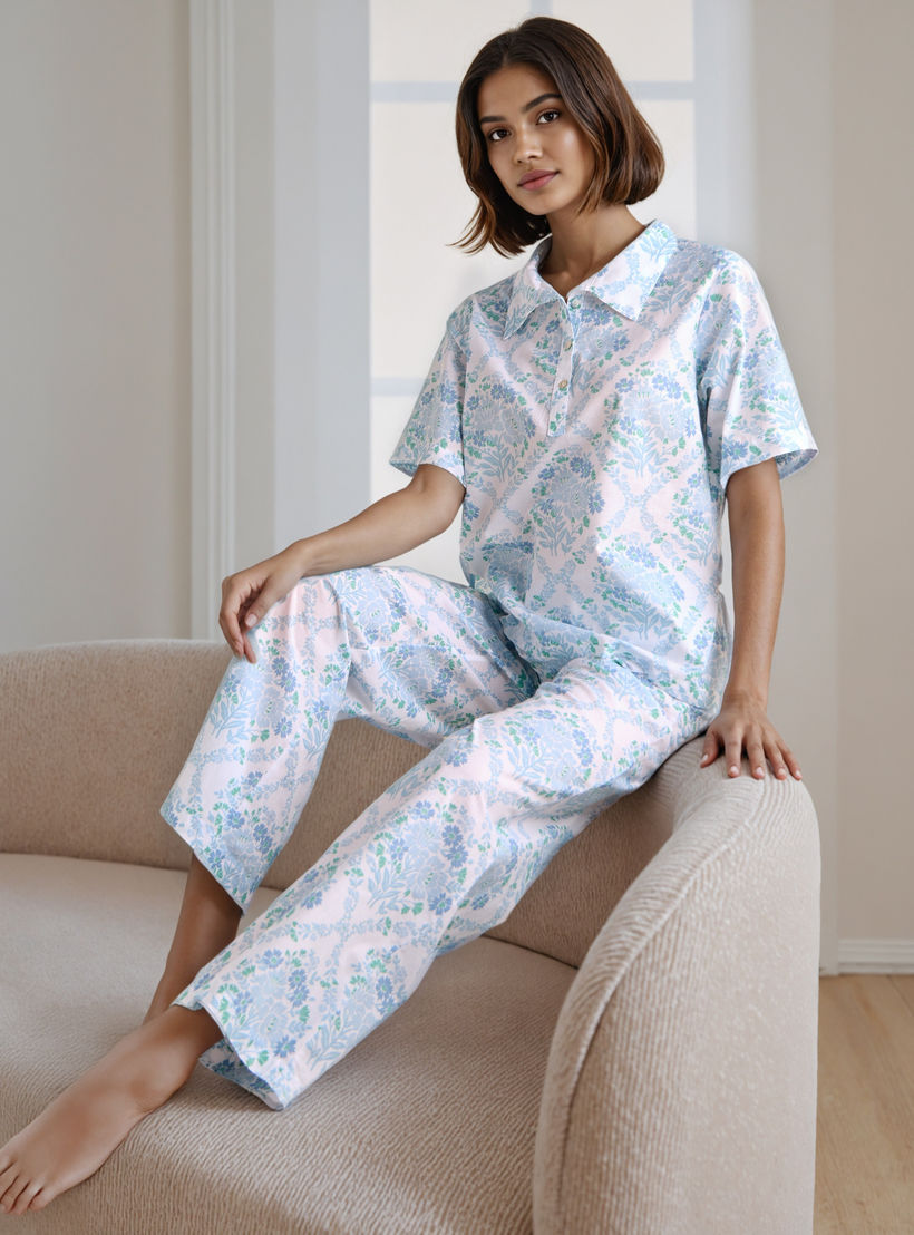 طقم بيجاما قطن بطبعات زهرية-women-clothing-nightwear-pyjamas-longsets-image-1