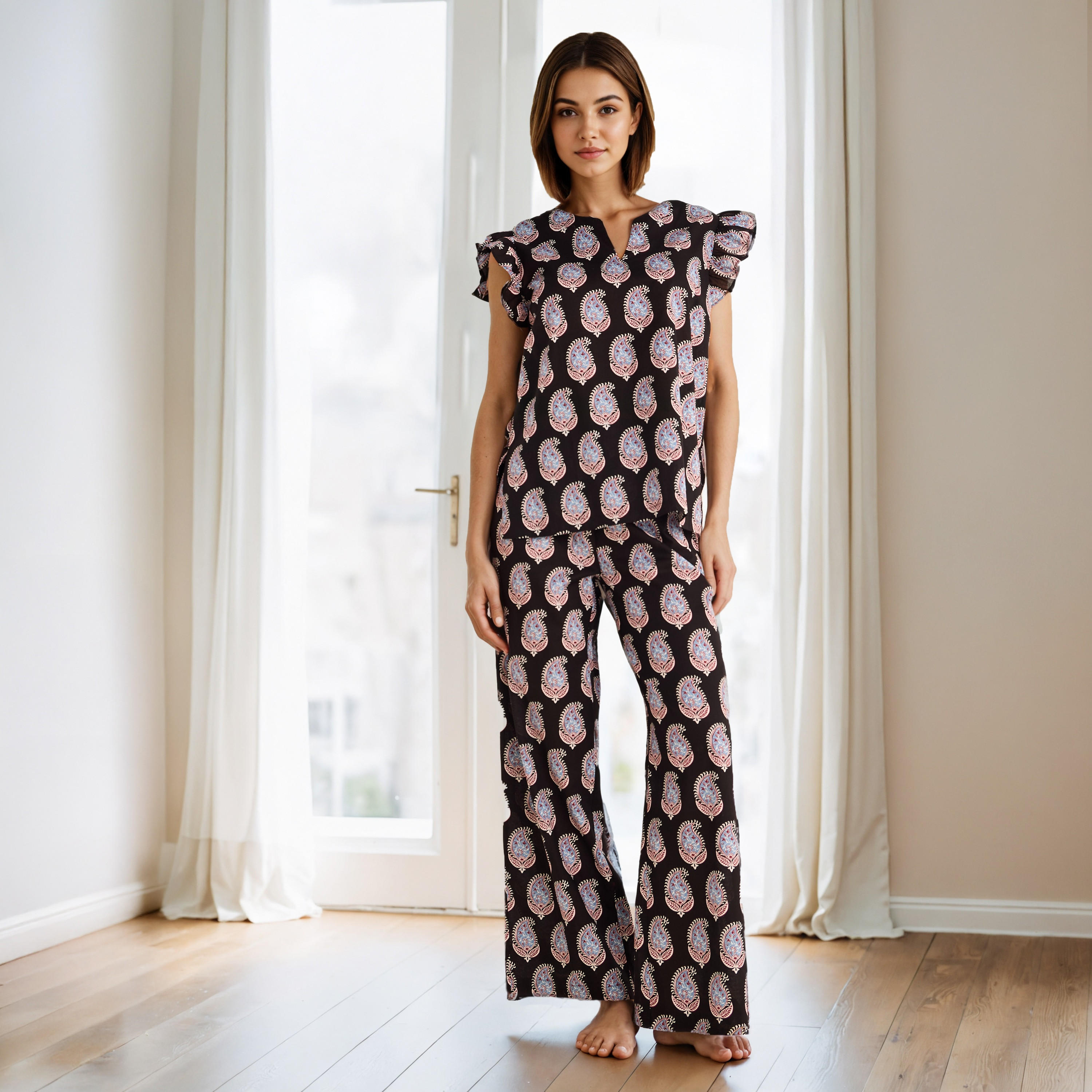 Printed Cotton Pyjama Set with Ruffle Sleeves-women-clothing-nightwear-pyjamas-longsets-image-1