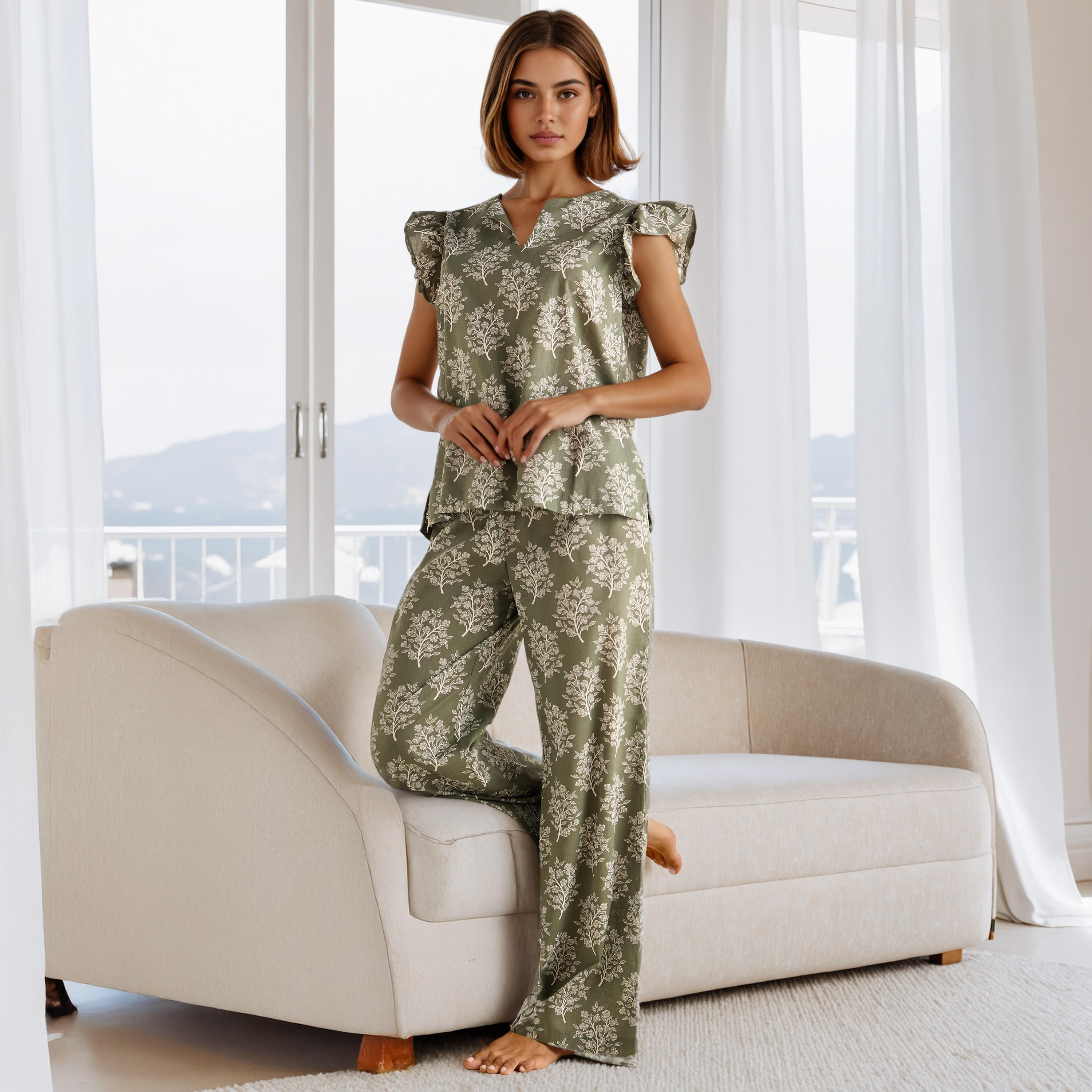 طقم بيجاما قطن بأكمام كشكش وطبعات-women-clothing-nightwear-pyjamas-longsets-image-6