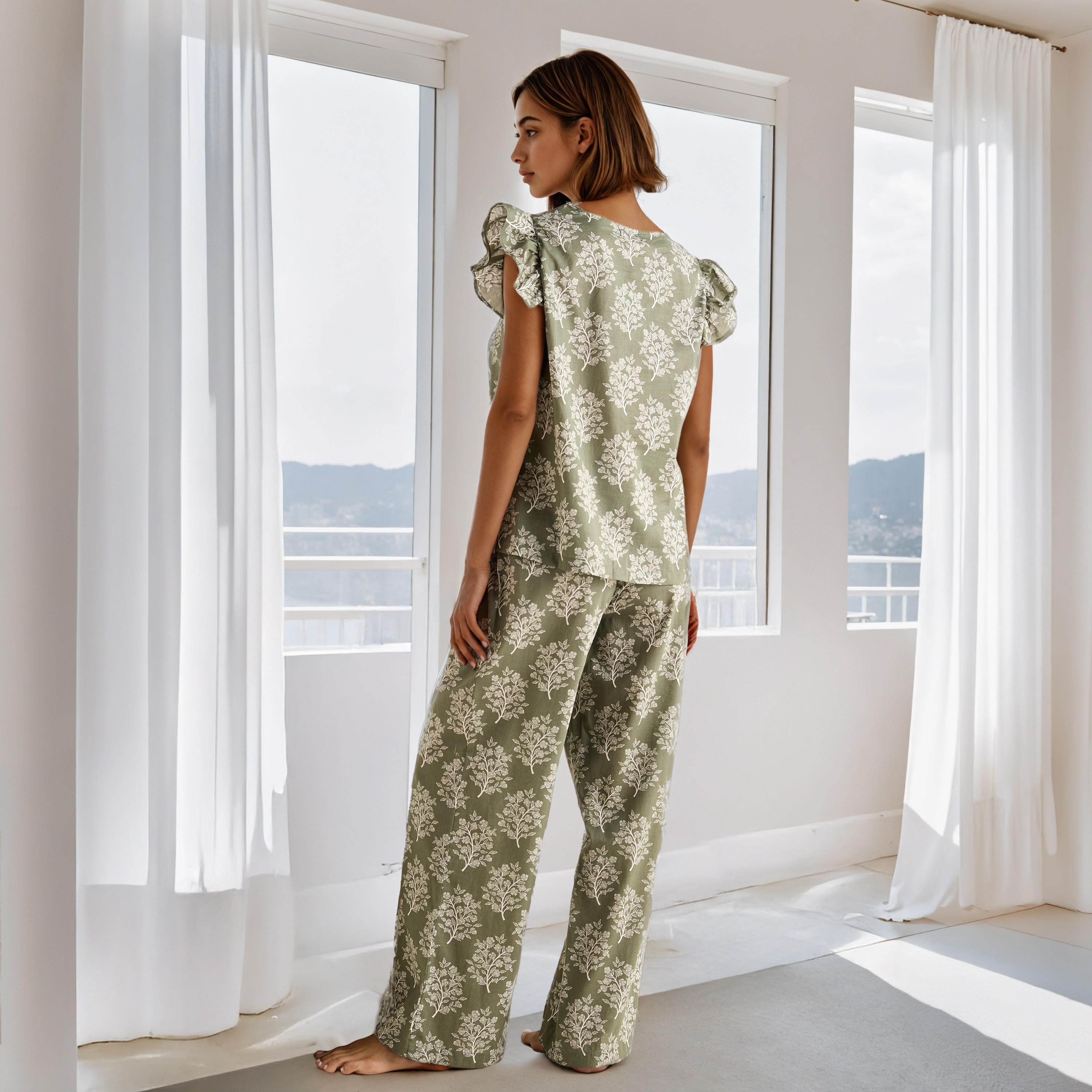 طقم بيجاما قطن بأكمام كشكش وطبعات-women-clothing-nightwear-pyjamas-longsets-image-4