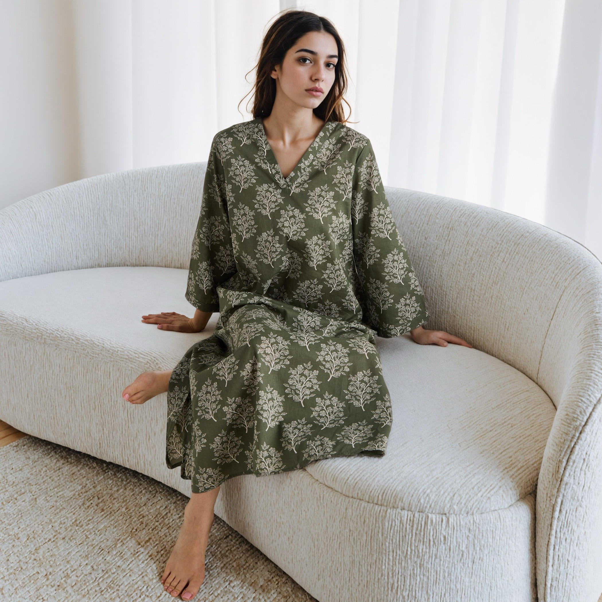 فستان نوم قفطان قطن بياقة V وطبعات-women-clothing-nightwear-nighties-image-1