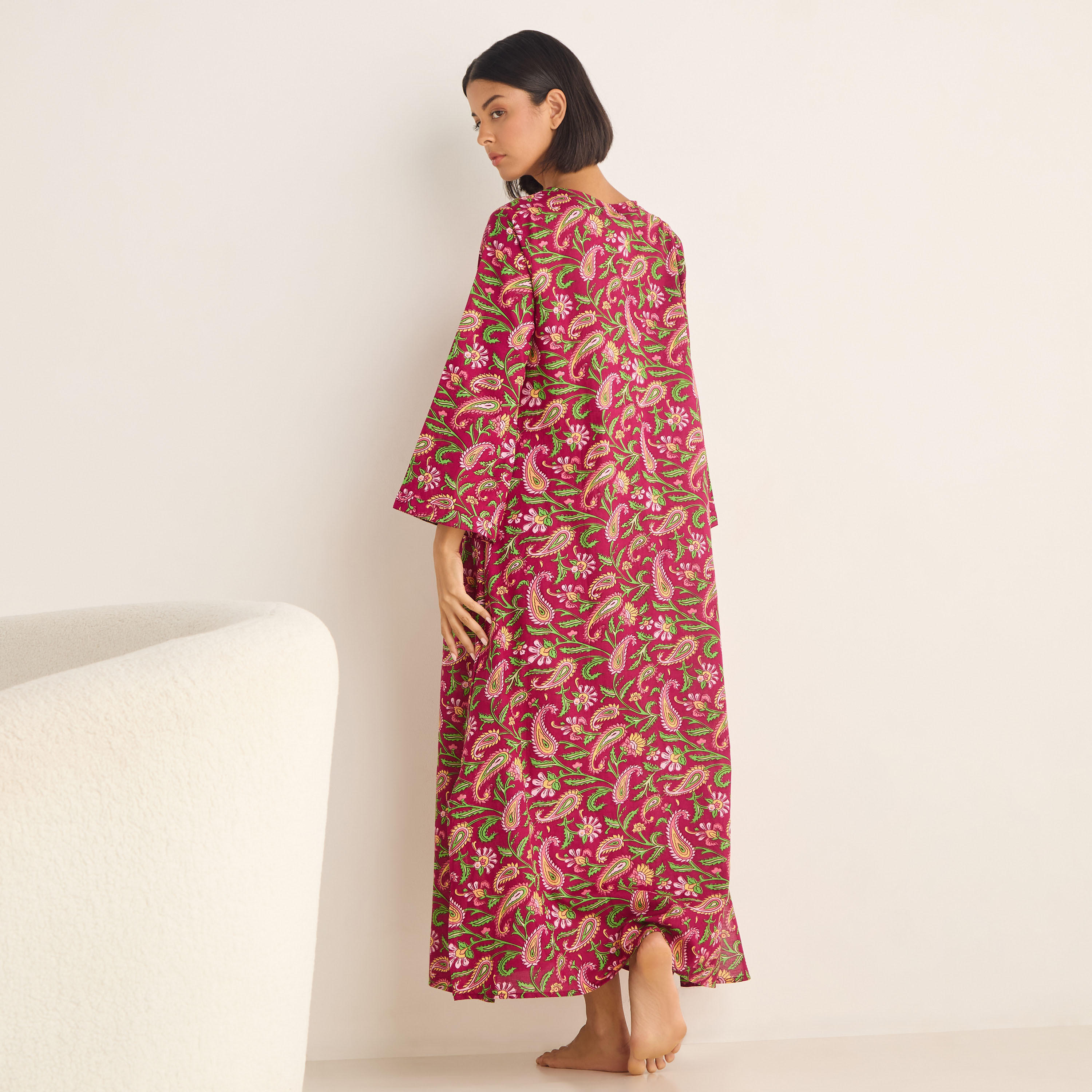 Paisley Print Kaftan Cotton Night Dress with V-neck-women-clothing-nightwear-nighties-image-2