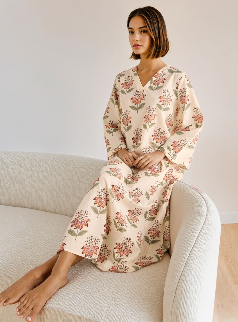 Floral Print Kaftan Cotton Night Dress with V-neck-women-clothing-nightwear-nighties-image-1