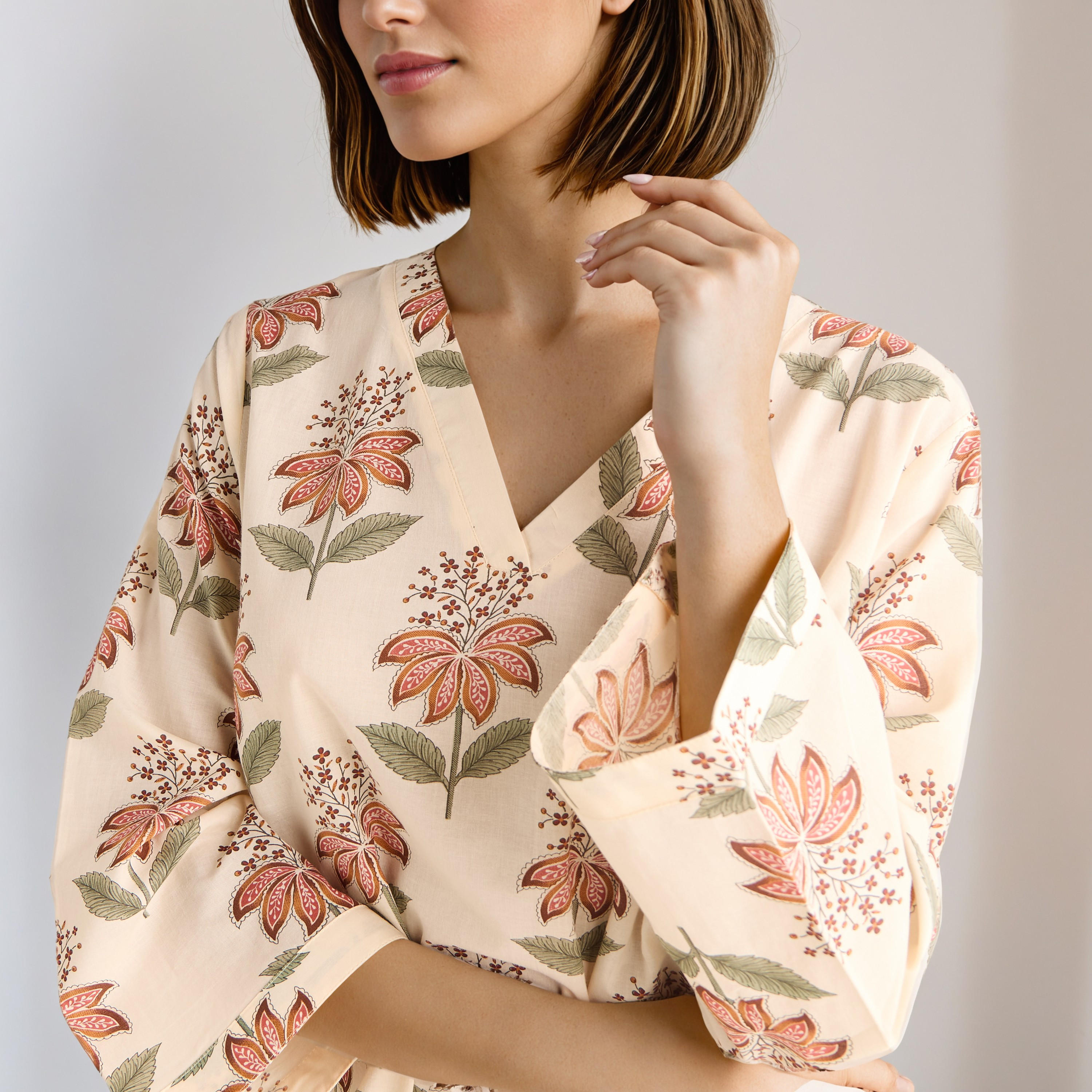 Floral Print Kaftan Cotton Night Dress with V-neck-women-clothing-nightwear-nighties-image-3