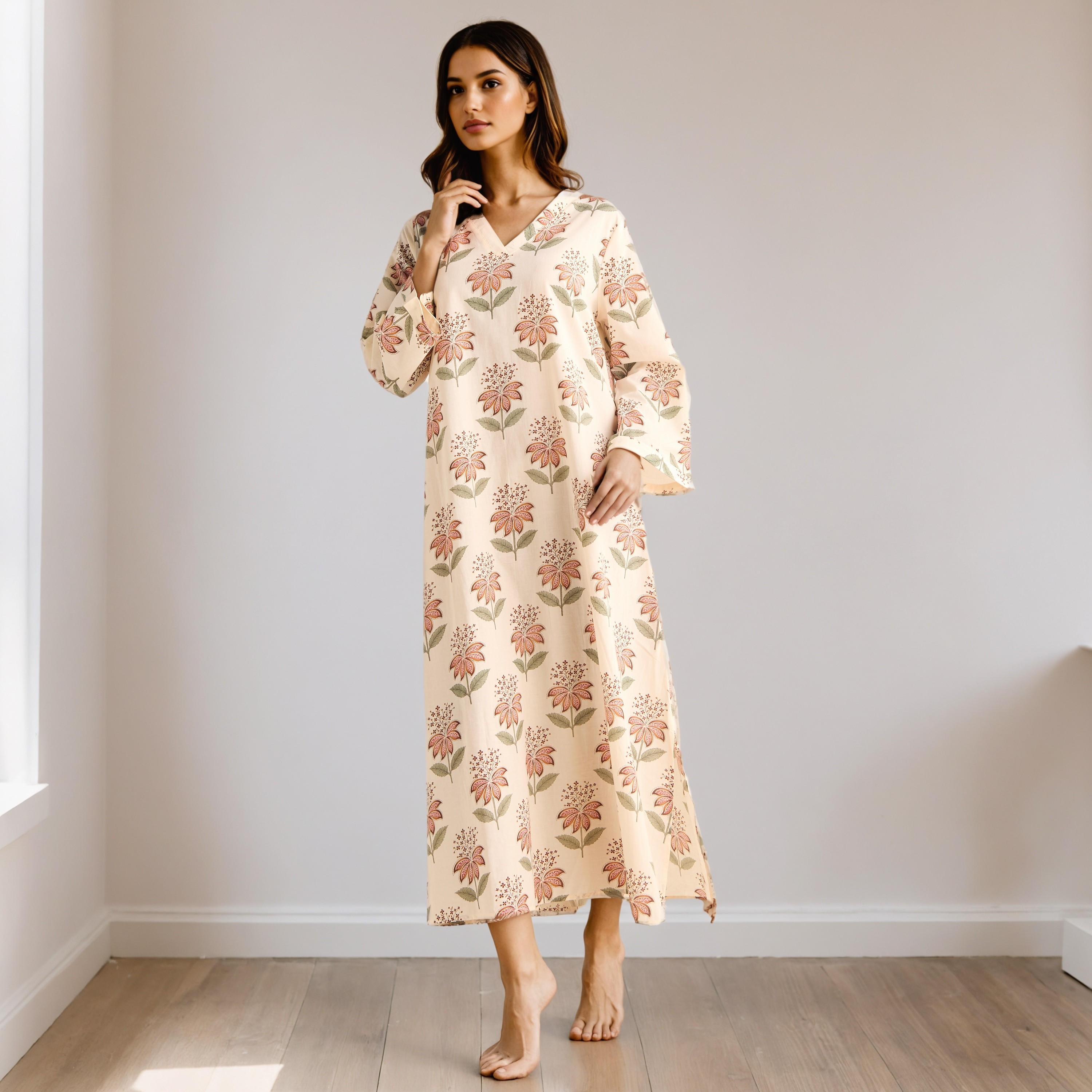 Floral Print Kaftan Cotton Night Dress with V-neck-women-clothing-nightwear-nighties-image-5