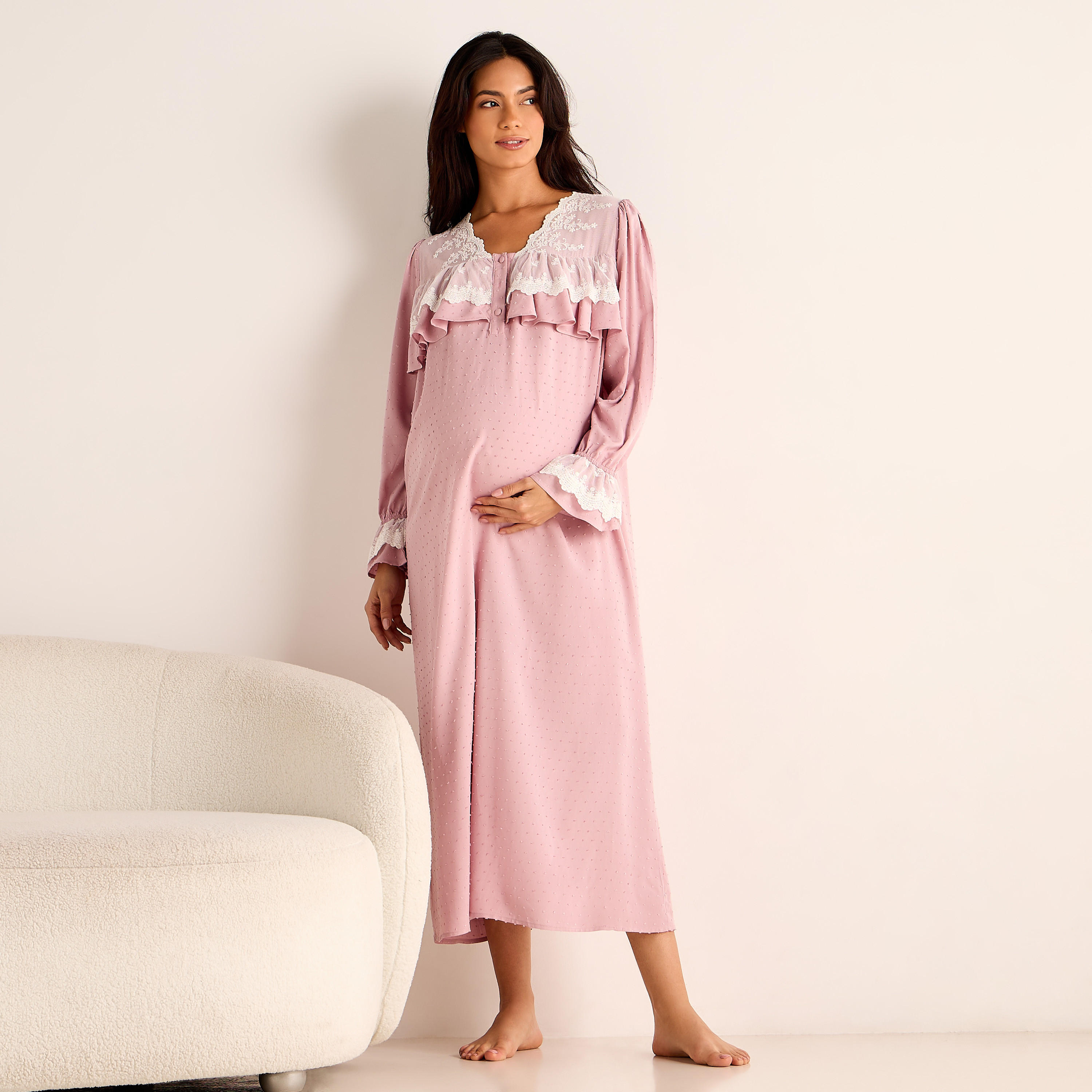 فستان نوم للحوامل بحواف دانتيل-women-clothing-maternity-nightwear-image-1