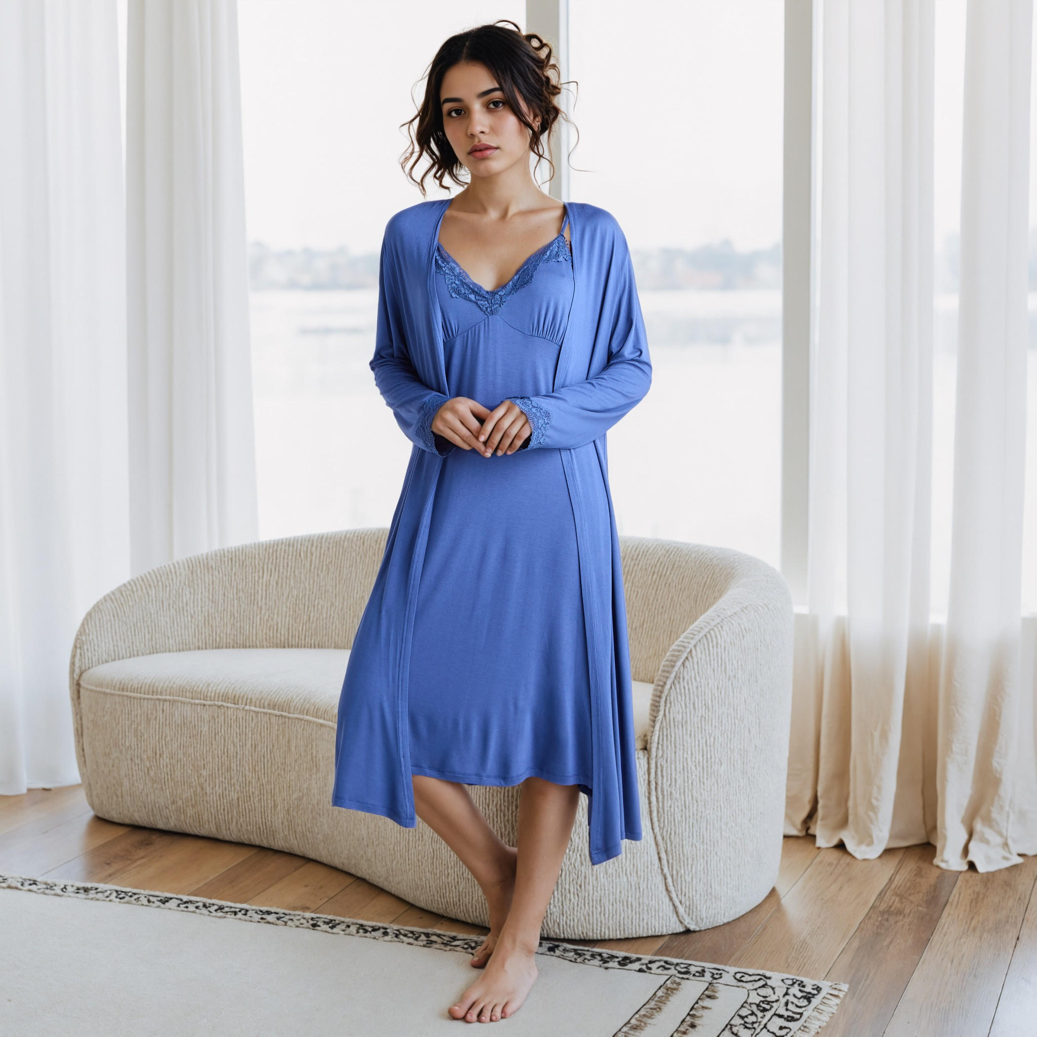 فستان نوم بتفاصيل دانتيل مع روب-women-clothing-nightwear-nighties-image-1